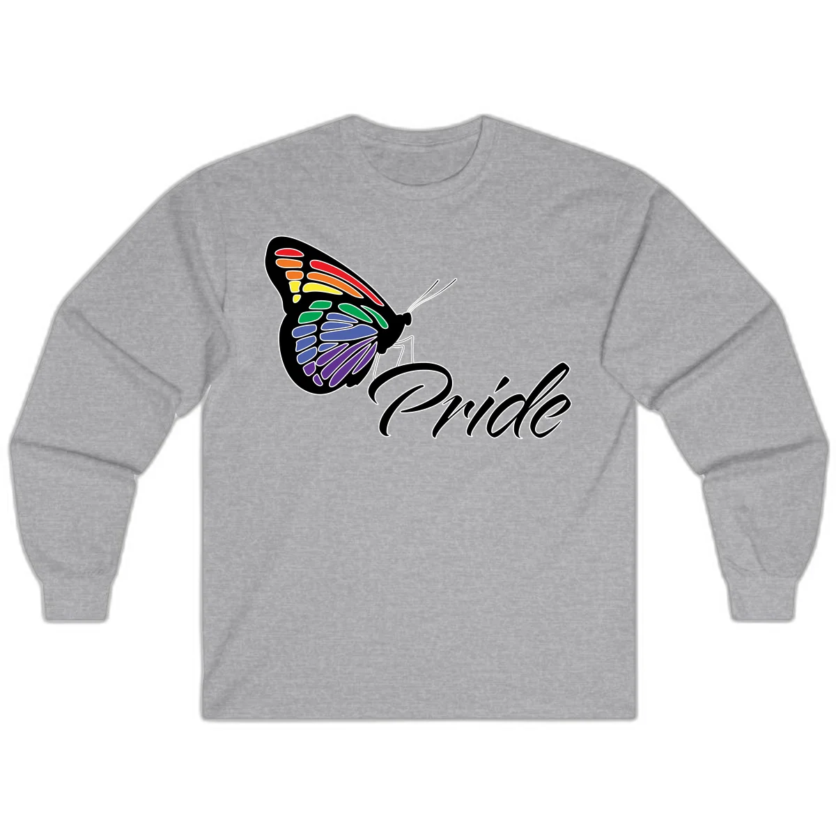 Pride butterfly illustration with rainbow-colored wings in red, orange, yellow, green, blue, and purple gradient with 'Pride' text in Sport Grey