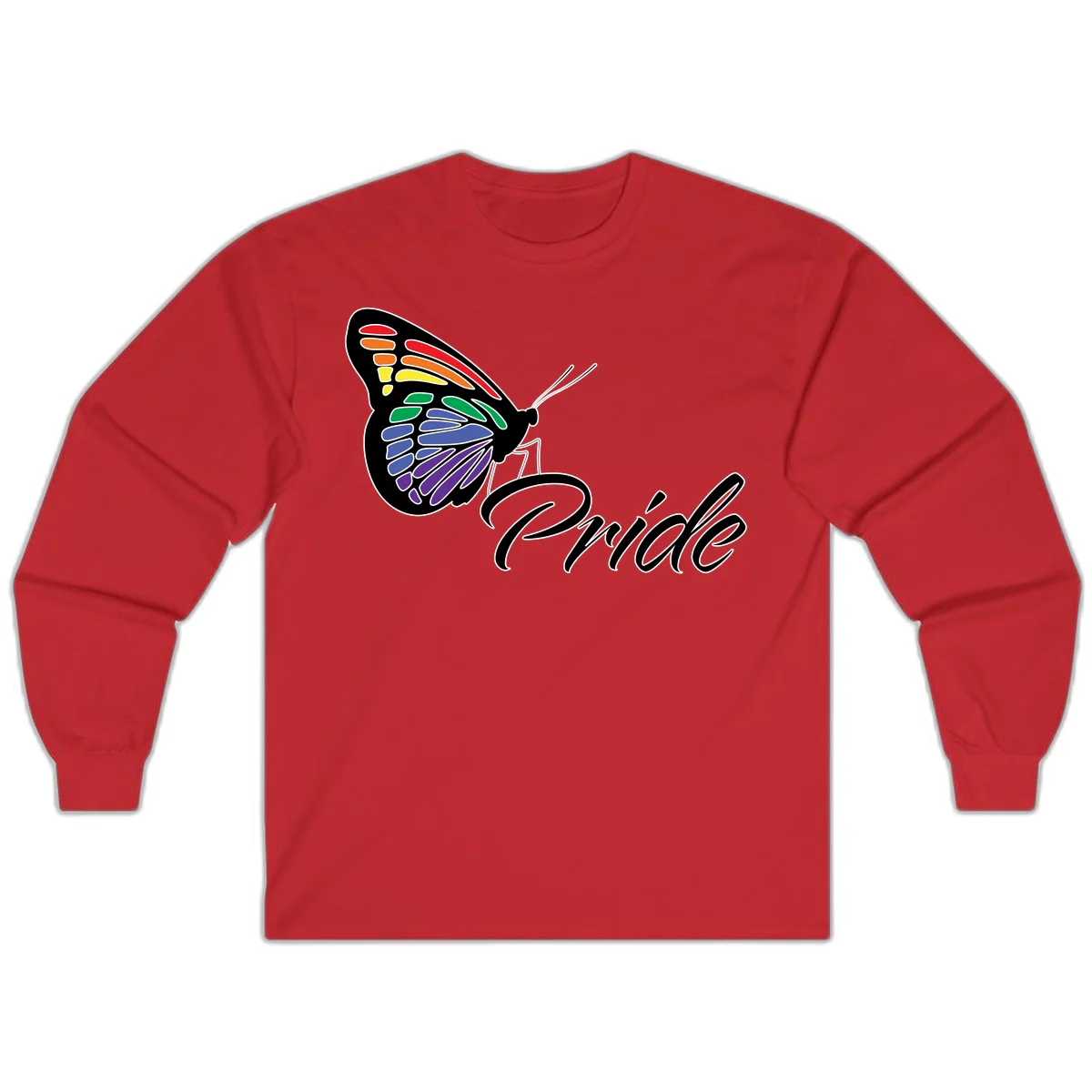 Pride butterfly illustration with rainbow-colored wings in red, orange, yellow, green, blue, and purple gradient with 'Pride' text in Red