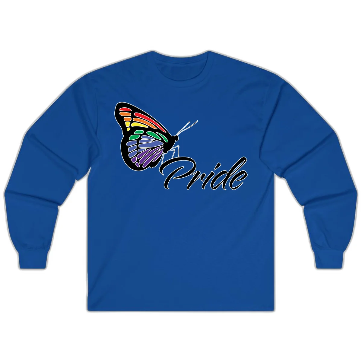 Pride butterfly illustration with rainbow-colored wings in red, orange, yellow, green, blue, and purple gradient with 'Pride' text in Royal