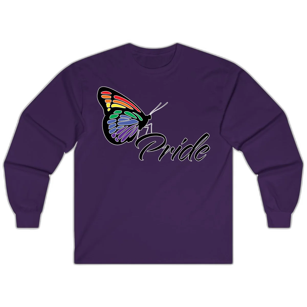 Pride butterfly illustration with rainbow-colored wings in red, orange, yellow, green, blue, and purple gradient with 'Pride' text in Purple