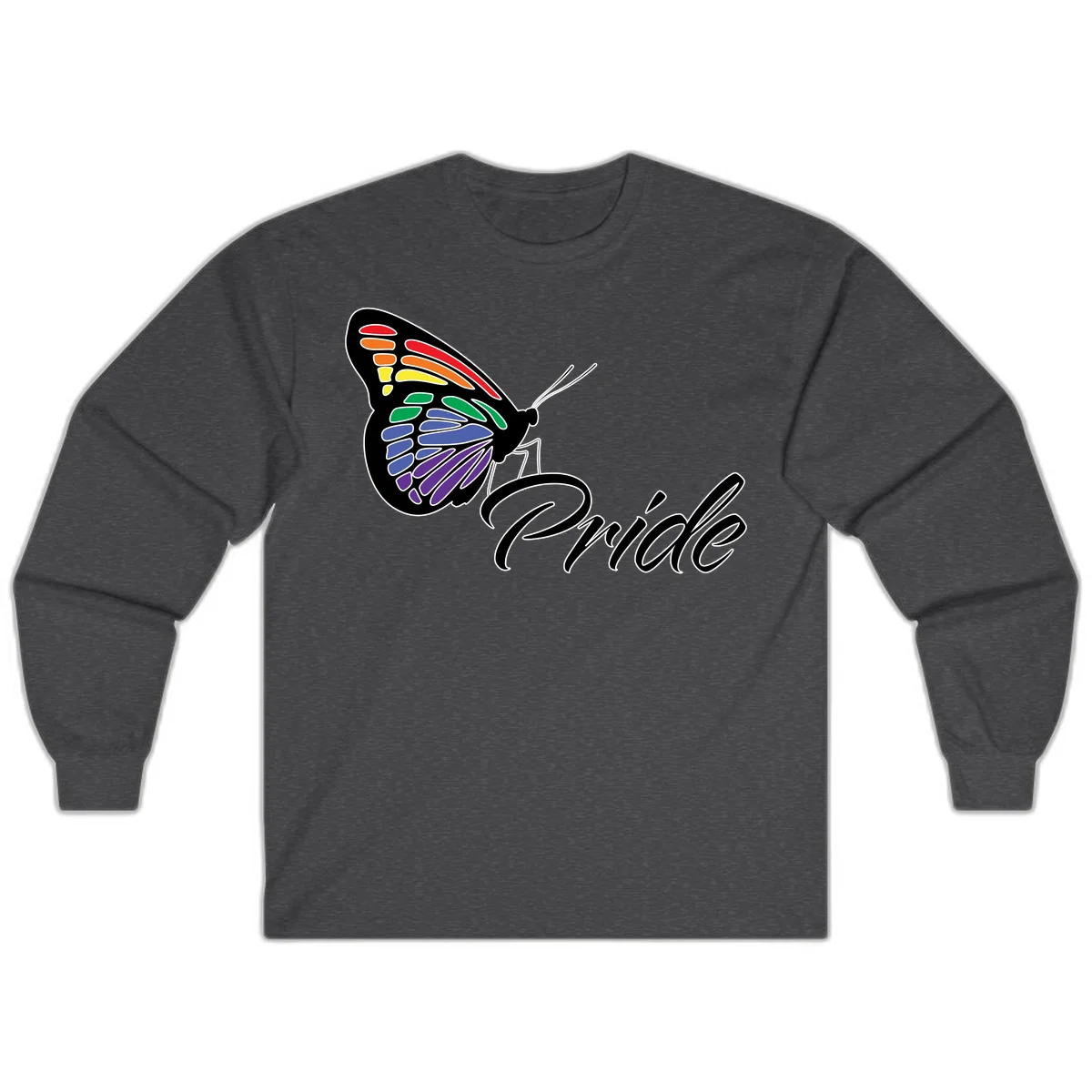 Pride butterfly illustration with rainbow-colored wings in red, orange, yellow, green, blue, and purple gradient with 'Pride' text in Dark Heather