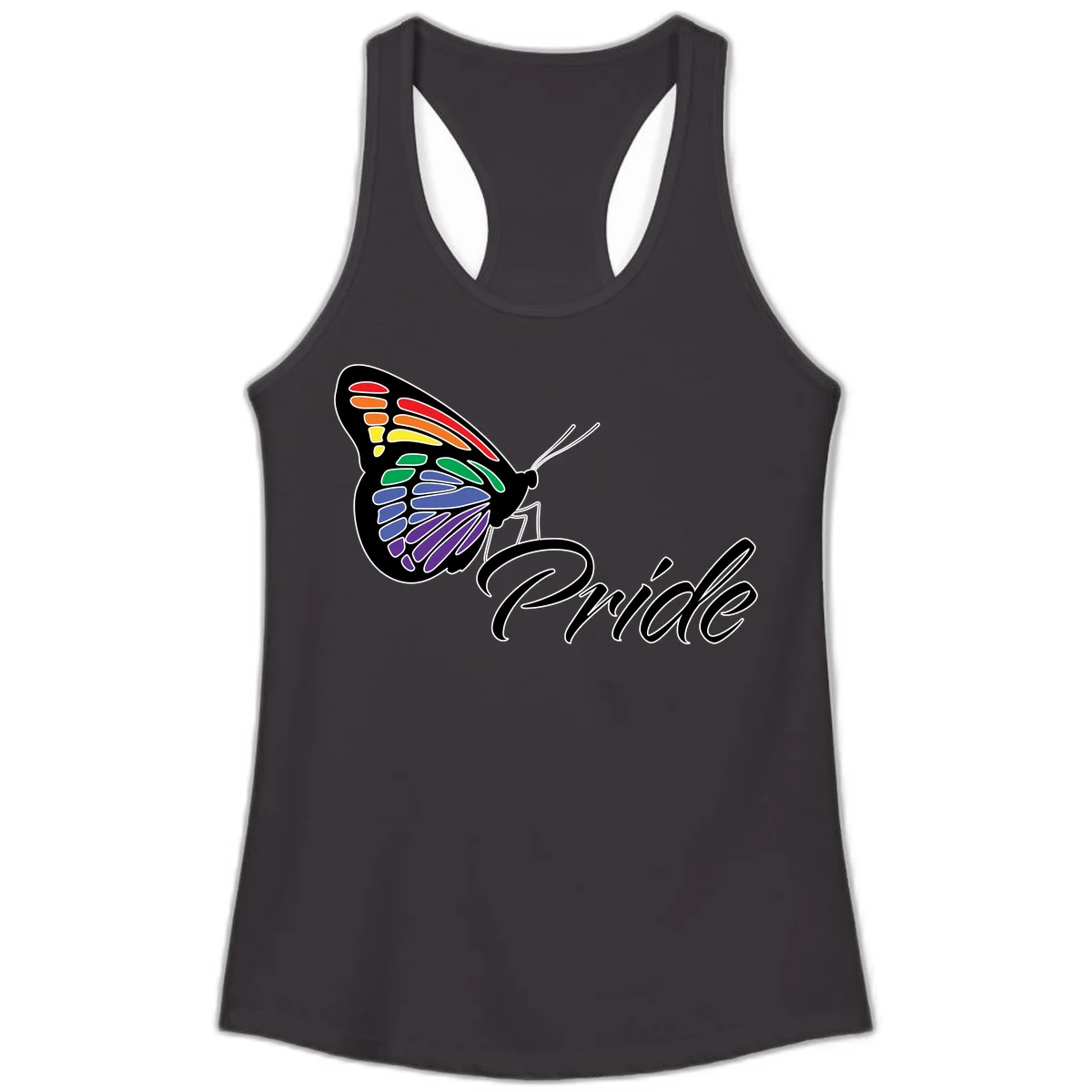 Pride butterfly illustration with rainbow-colored wings in red, orange, yellow, green, blue, and purple gradient with 'Pride' text in Black