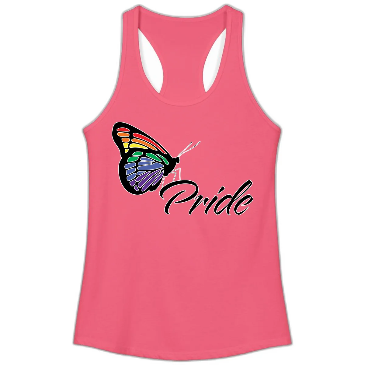 Pride butterfly illustration with rainbow-colored wings in red, orange, yellow, green, blue, and purple gradient with 'Pride' text in Hot Pink