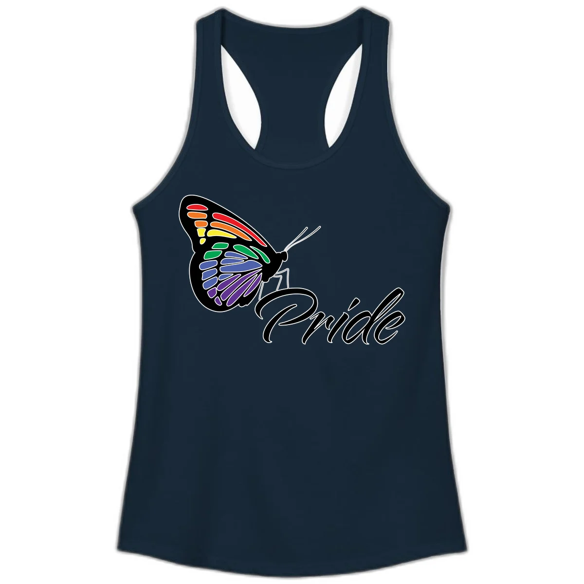 Pride butterfly illustration with rainbow-colored wings in red, orange, yellow, green, blue, and purple gradient with 'Pride' text in Solid Midnight Navy