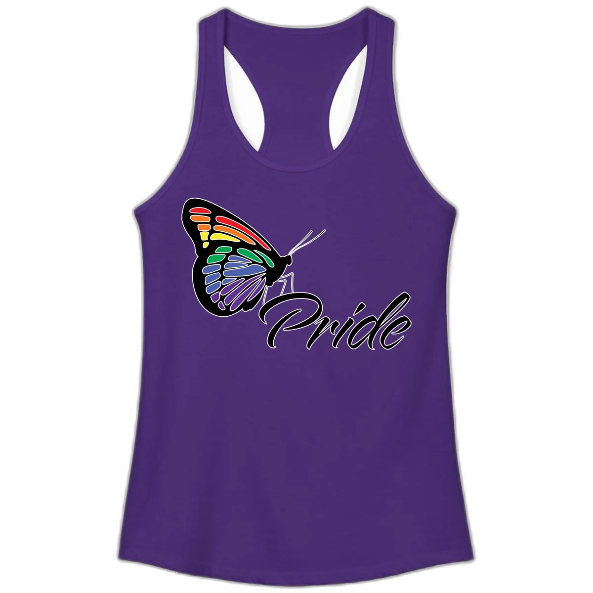 Pride butterfly illustration with rainbow-colored wings in red, orange, yellow, green, blue, and purple gradient with 'Pride' text in Solid Purple Rush