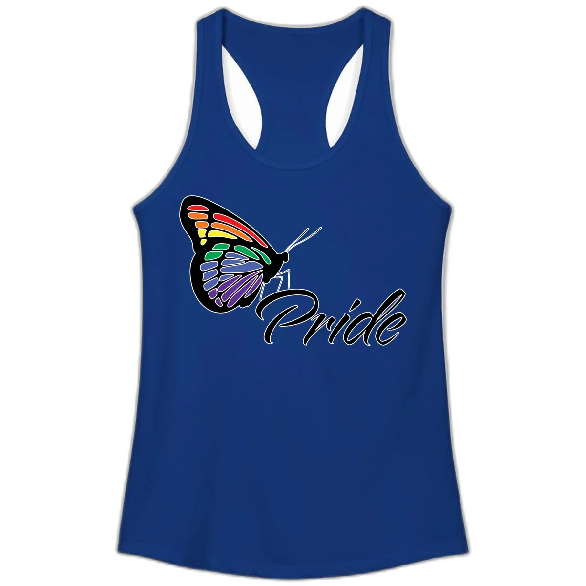 Pride butterfly illustration with rainbow-colored wings in red, orange, yellow, green, blue, and purple gradient with 'Pride' text in Solid Royal