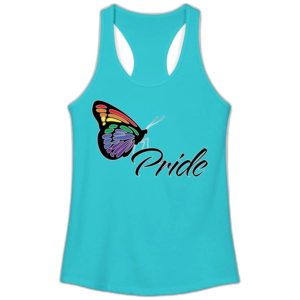 Pride butterfly illustration with rainbow-colored wings in red, orange, yellow, green, blue, and purple gradient with 'Pride' text in Solid Tahiti Blue