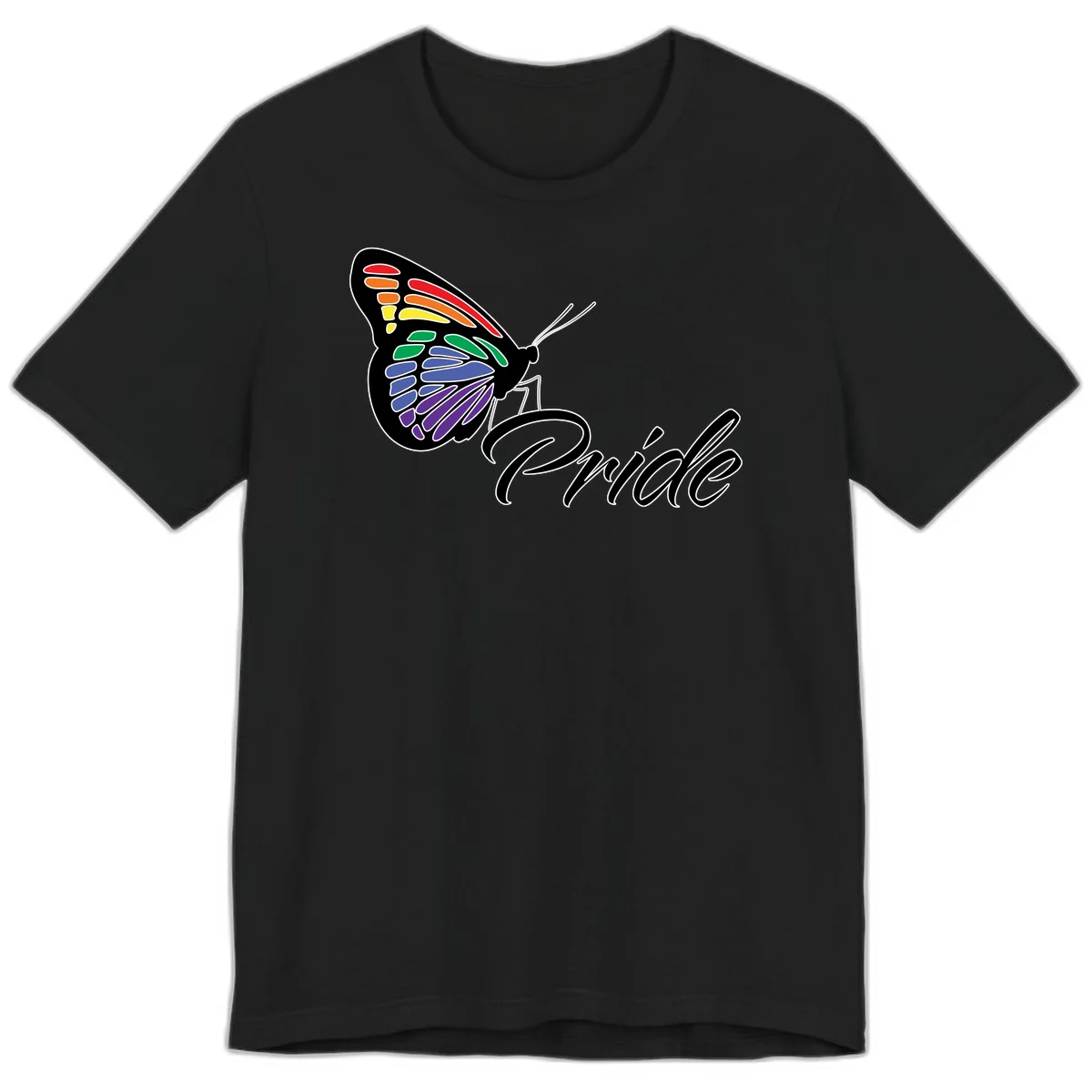 Pride butterfly illustration with rainbow-colored wings in red, orange, yellow, green, blue, and purple gradient with 'Pride' text in Black