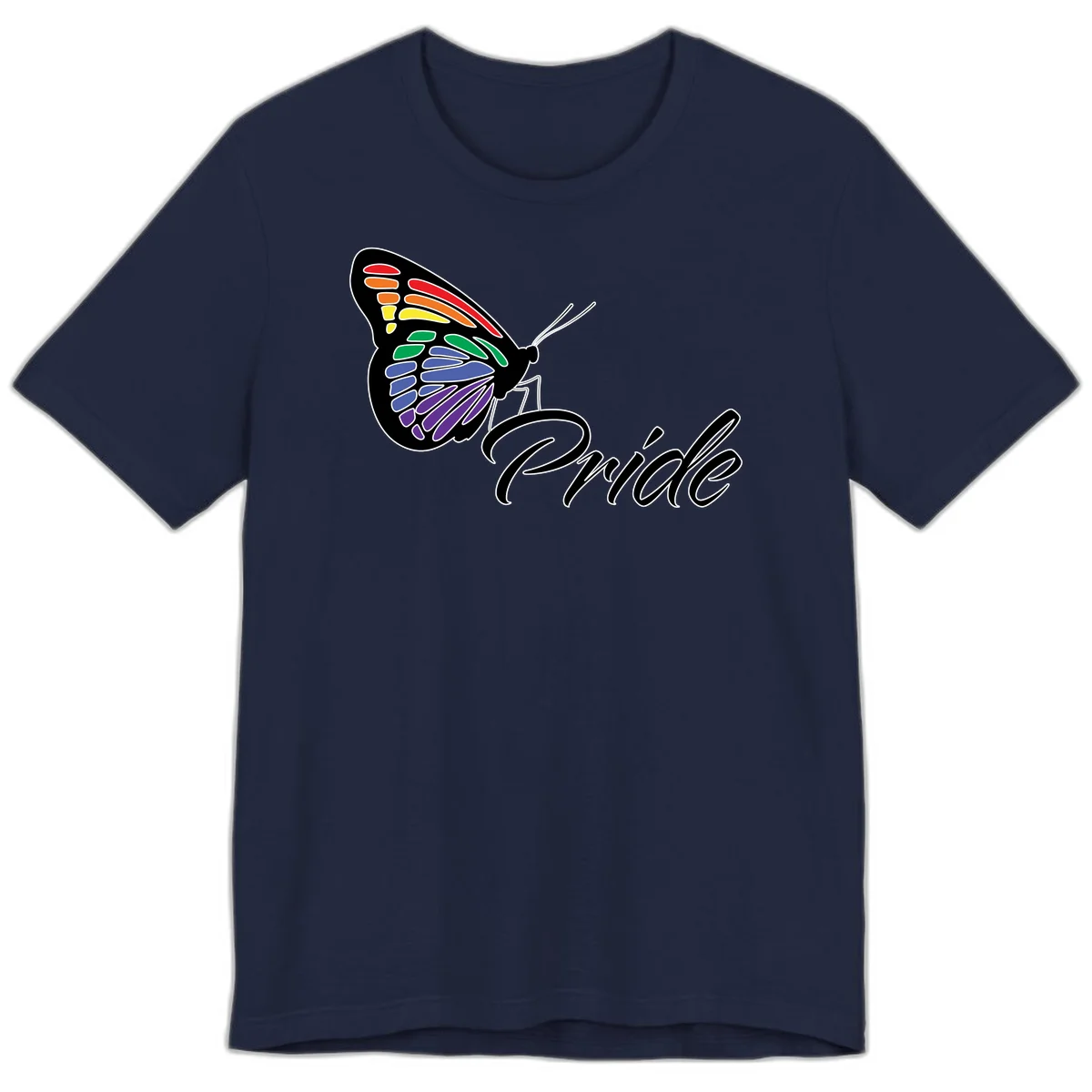 Pride butterfly illustration with rainbow-colored wings in red, orange, yellow, green, blue, and purple gradient with 'Pride' text in Navy