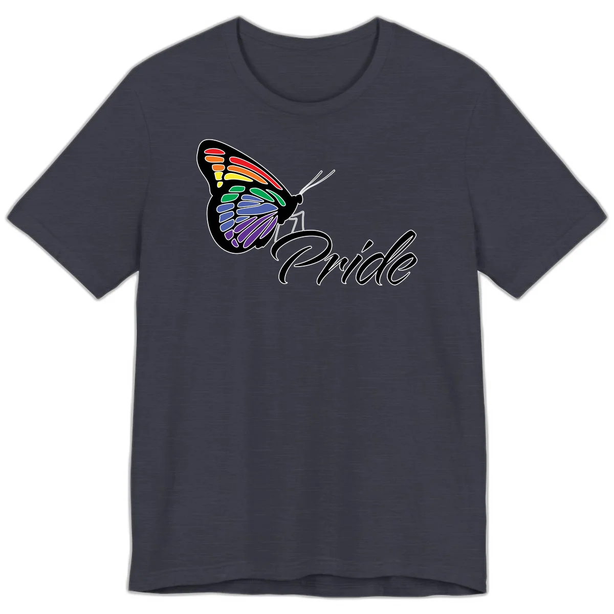 Pride butterfly illustration with rainbow-colored wings in red, orange, yellow, green, blue, and purple gradient with 'Pride' text in Heather Midnight Navy