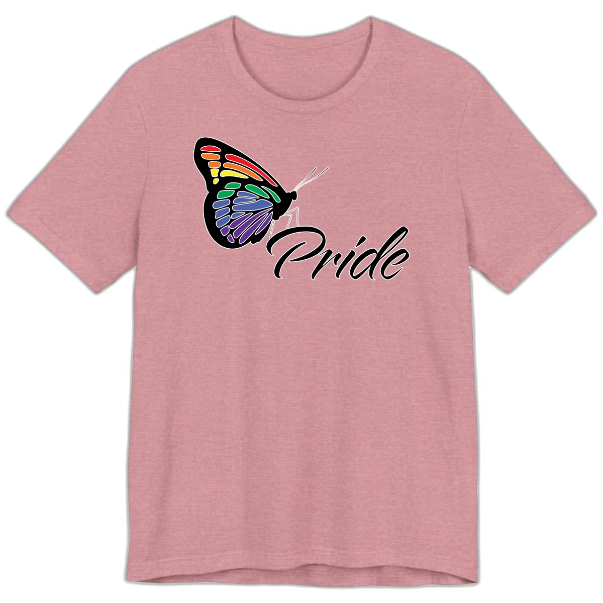 Pride butterfly illustration with rainbow-colored wings in red, orange, yellow, green, blue, and purple gradient with 'Pride' text in Heather Orchid