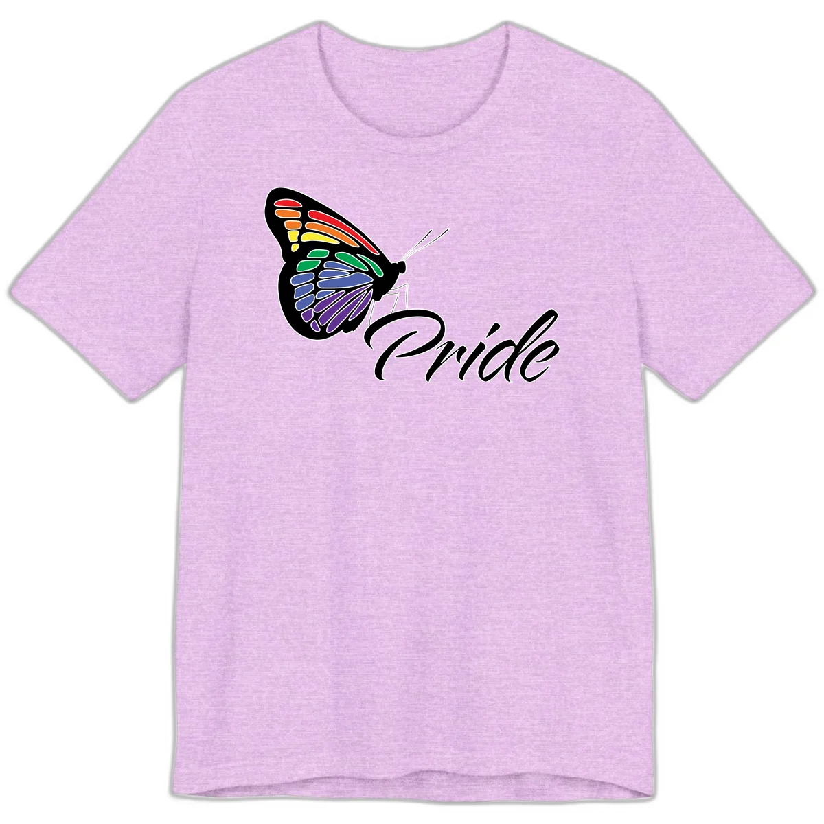 Pride butterfly illustration with rainbow-colored wings in red, orange, yellow, green, blue, and purple gradient with 'Pride' text in Heather Prism Lilac