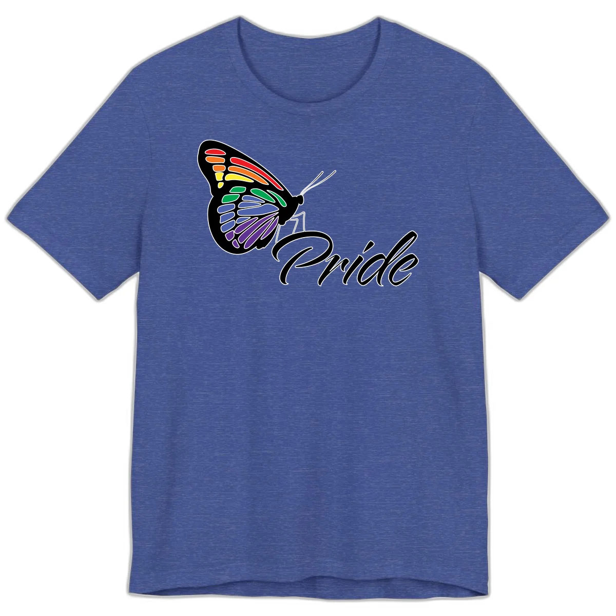 Pride butterfly illustration with rainbow-colored wings in red, orange, yellow, green, blue, and purple gradient with 'Pride' text in Heather True Royal