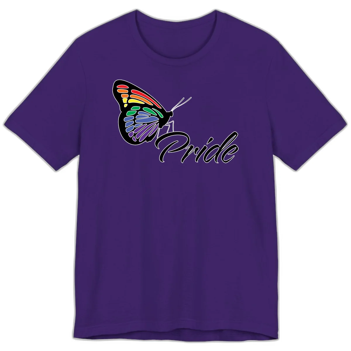Pride butterfly illustration with rainbow-colored wings in red, orange, yellow, green, blue, and purple gradient with 'Pride' text in Team Purple