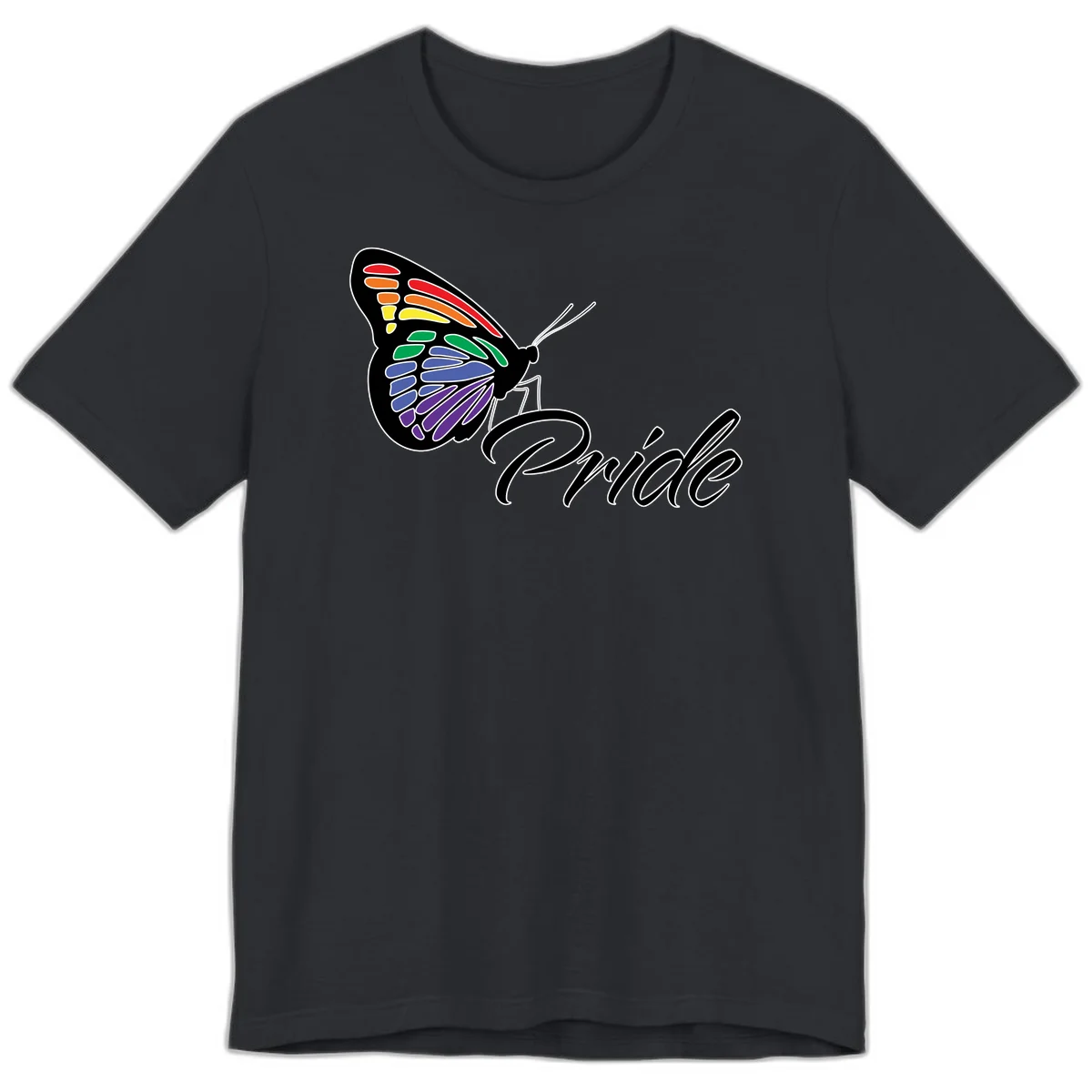 Pride butterfly illustration with rainbow-colored wings in red, orange, yellow, green, blue, and purple gradient with 'Pride' text in Vintage Black