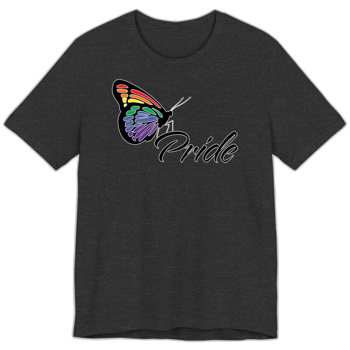 Pride butterfly illustration with rainbow-colored wings in red, orange, yellow, green, blue, and purple gradient with 'Pride' text in Dark Grey Heather