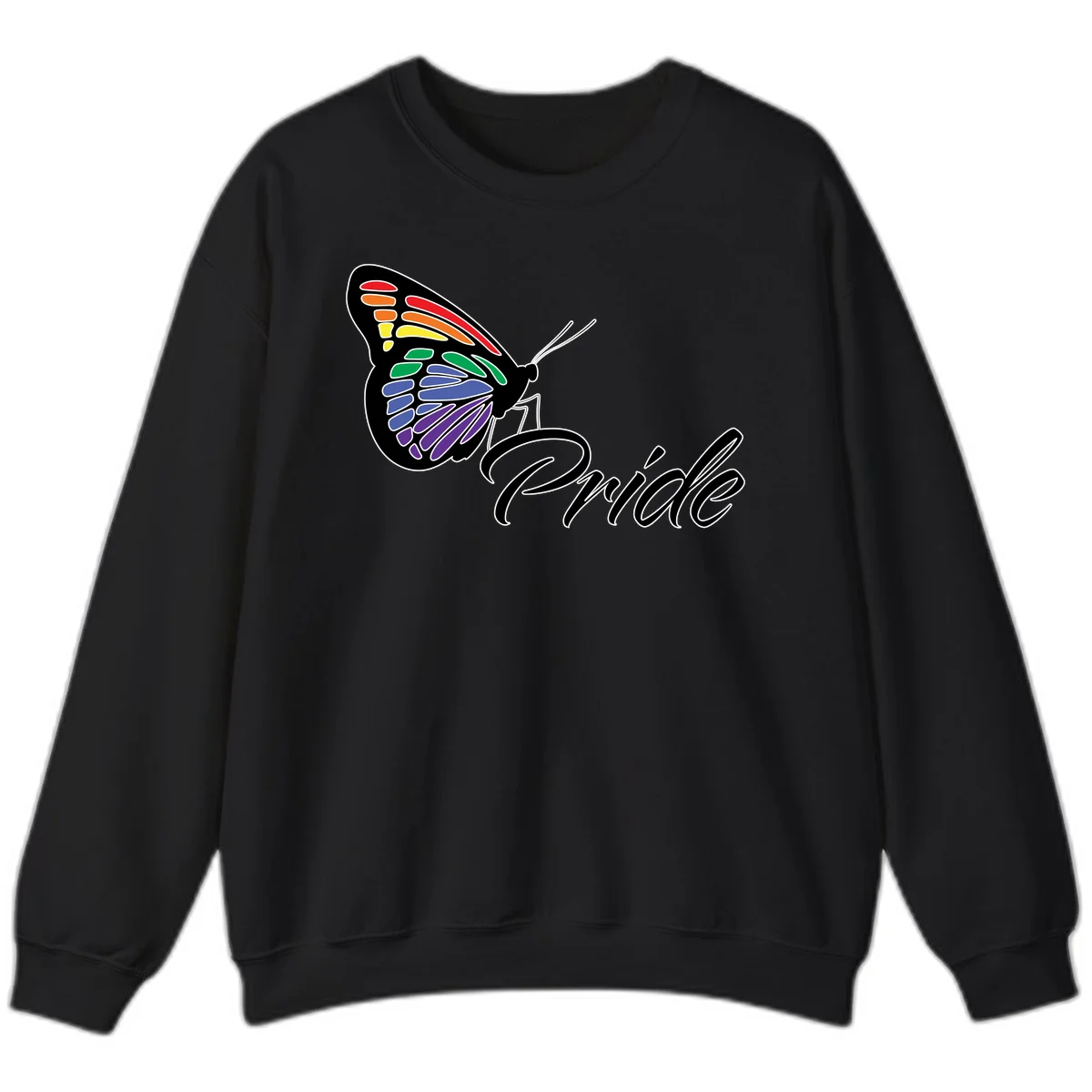 Pride butterfly illustration with rainbow-colored wings in red, orange, yellow, green, blue, and purple gradient with 'Pride' text in Black