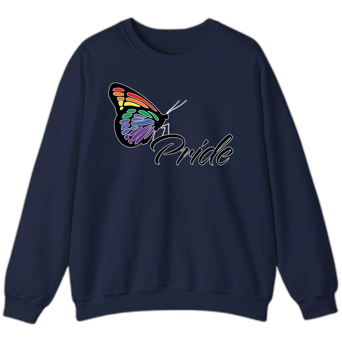 Pride butterfly illustration with rainbow-colored wings in red, orange, yellow, green, blue, and purple gradient with 'Pride' text in Navy