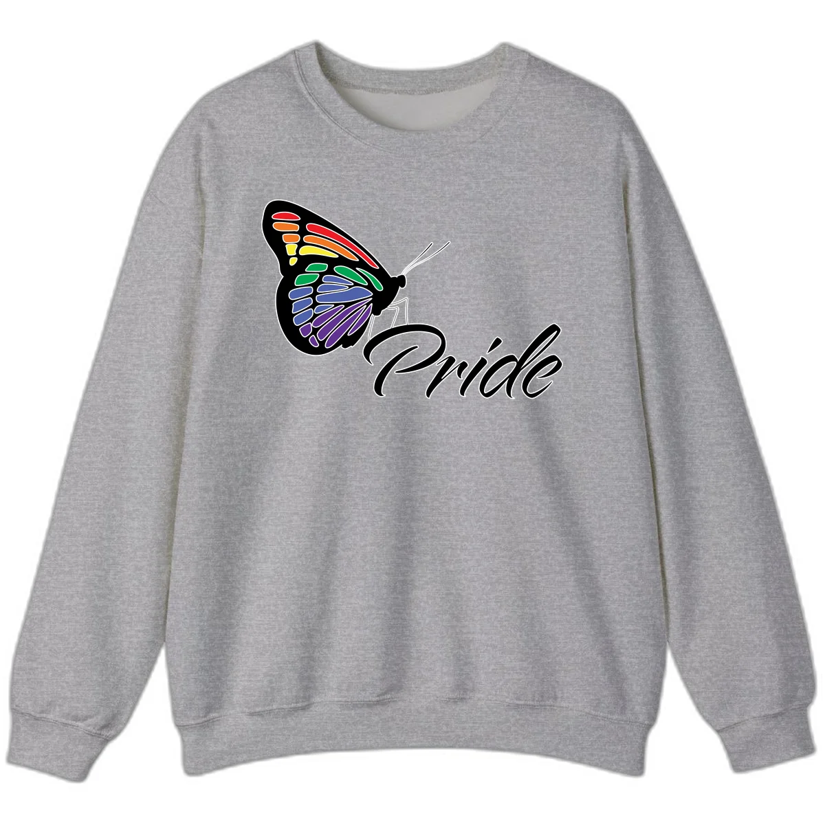 Pride butterfly illustration with rainbow-colored wings in red, orange, yellow, green, blue, and purple gradient with 'Pride' text in Sport Grey