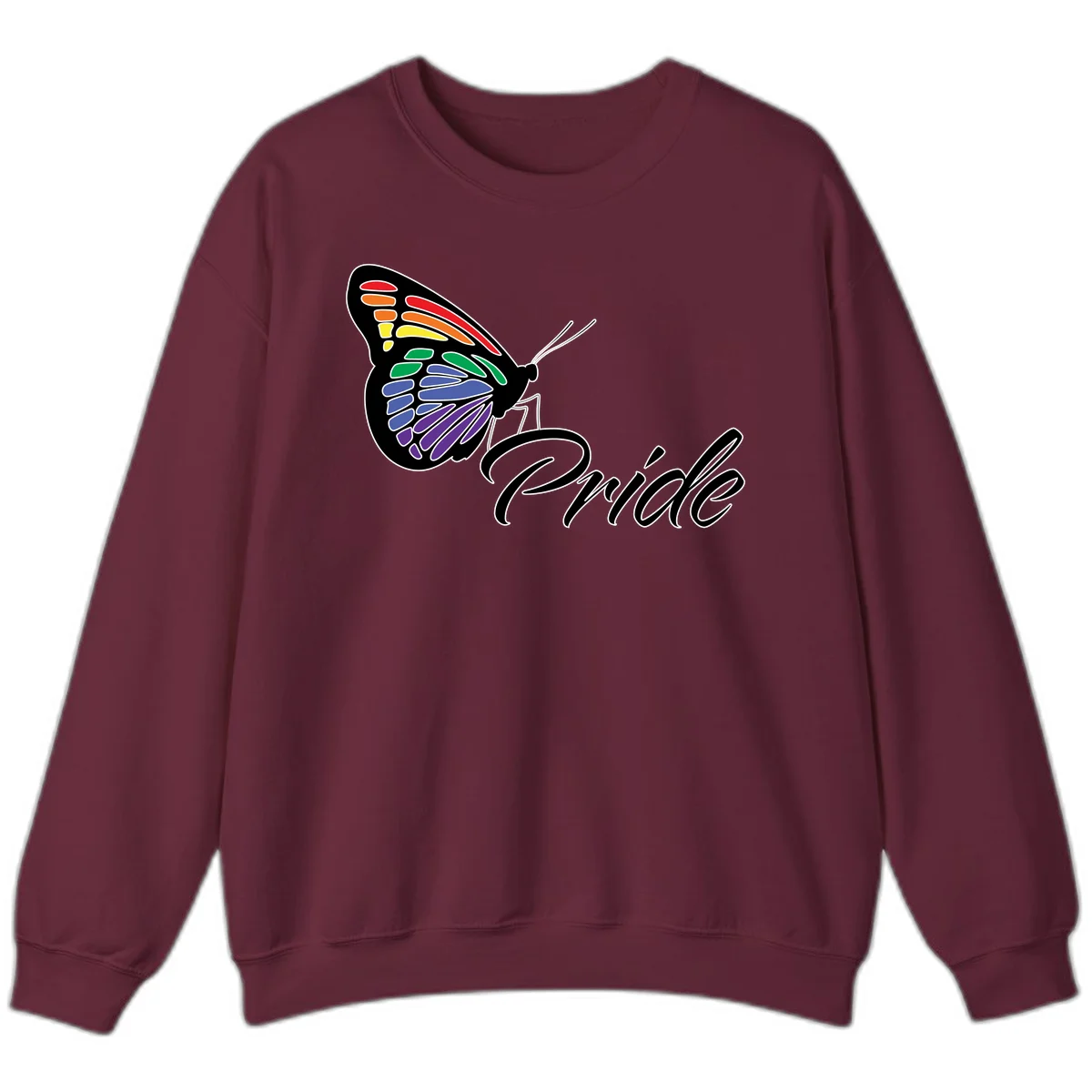 Pride butterfly illustration with rainbow-colored wings in red, orange, yellow, green, blue, and purple gradient with 'Pride' text in Maroon