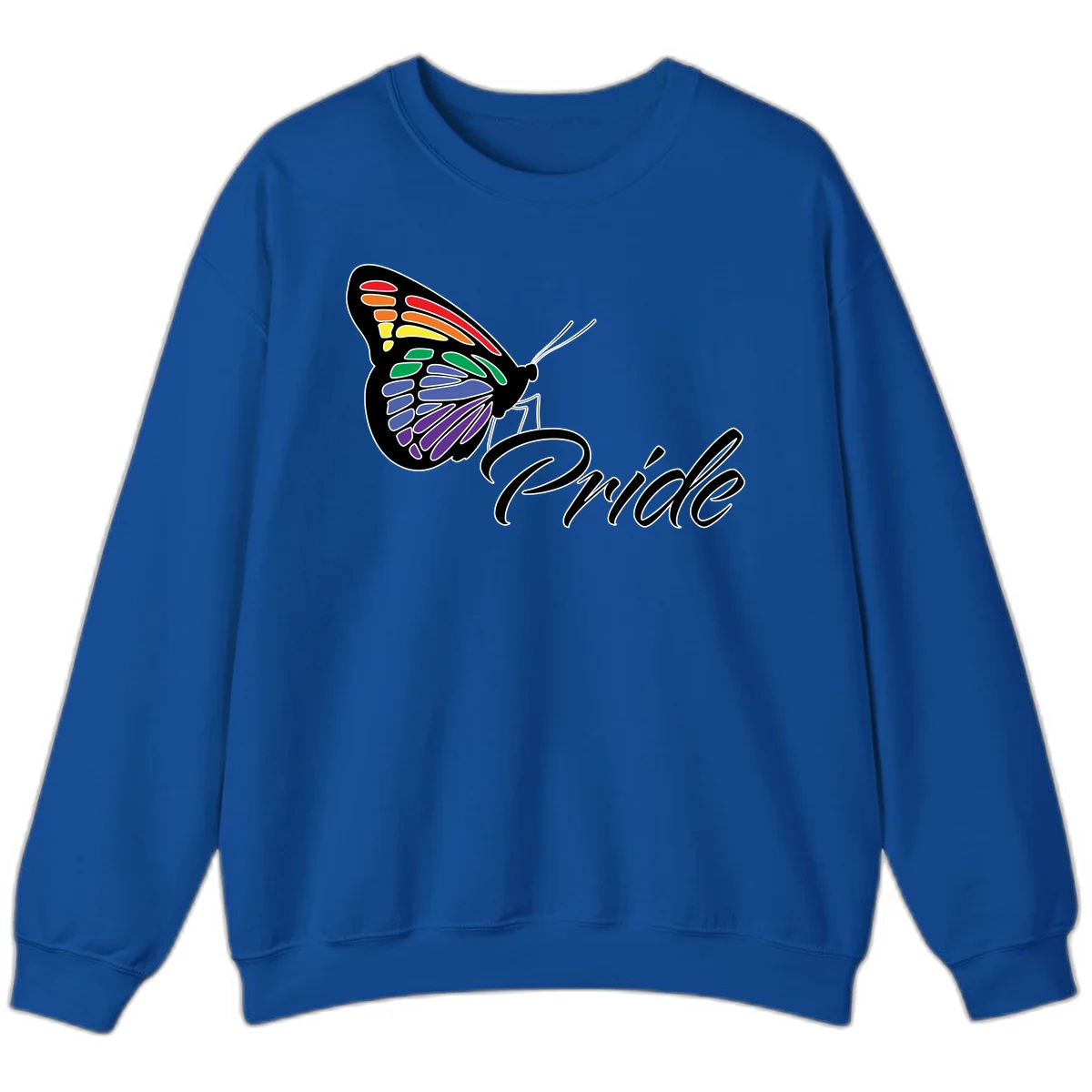 Pride butterfly illustration with rainbow-colored wings in red, orange, yellow, green, blue, and purple gradient with 'Pride' text in Royal