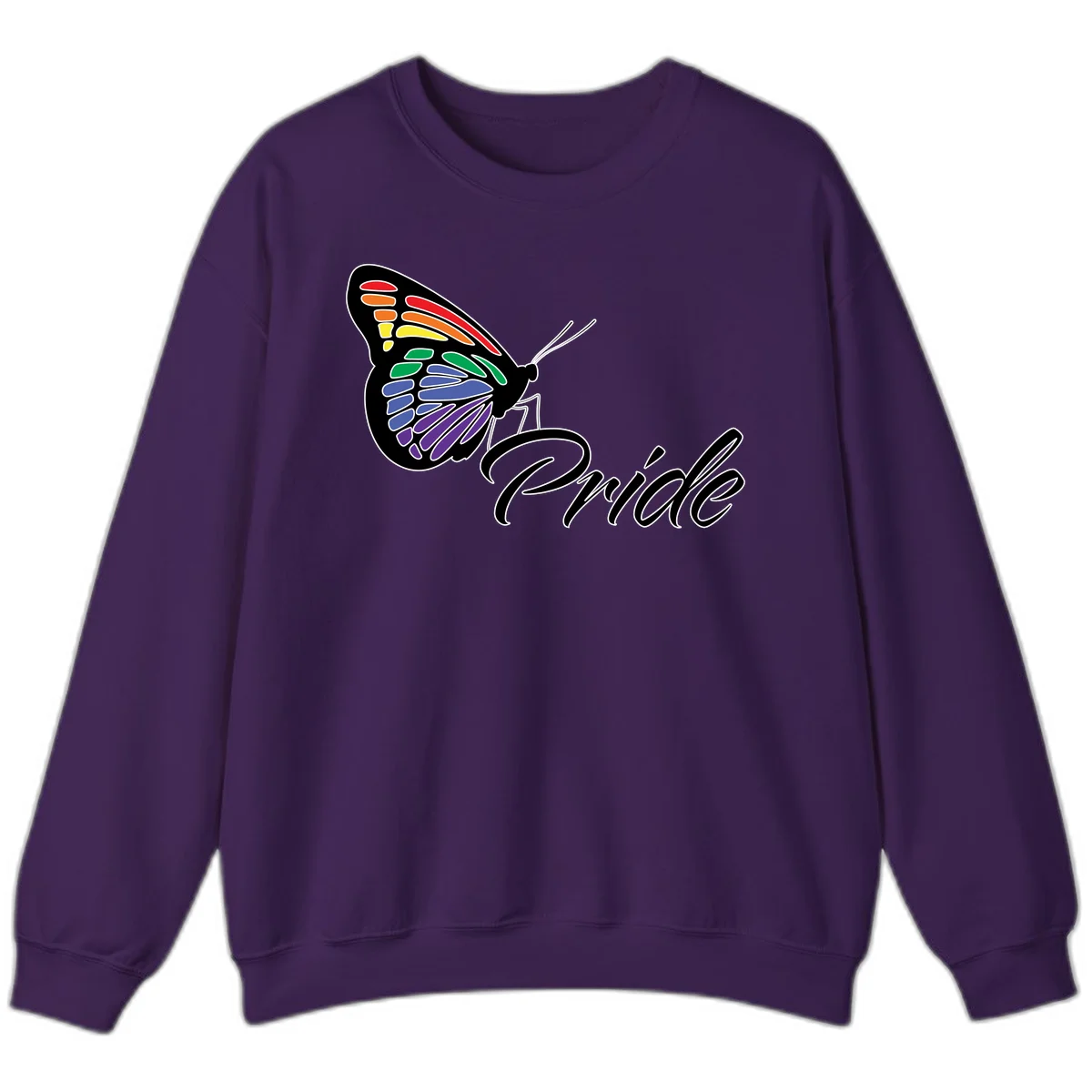 Pride butterfly illustration with rainbow-colored wings in red, orange, yellow, green, blue, and purple gradient with 'Pride' text in Purple