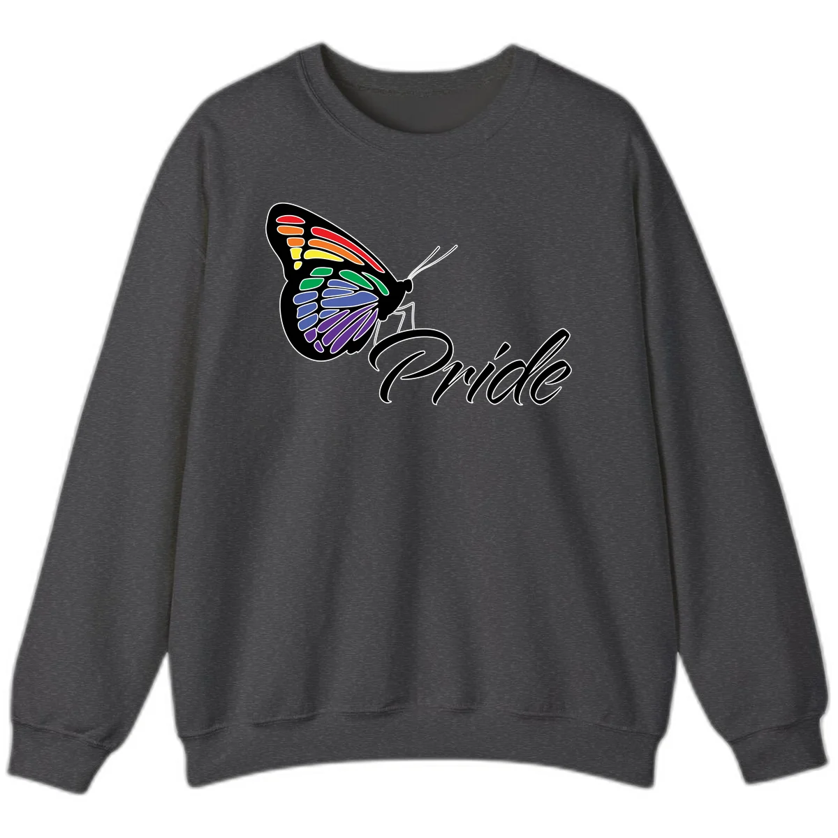 Pride butterfly illustration with rainbow-colored wings in red, orange, yellow, green, blue, and purple gradient with 'Pride' text in Dark Heather