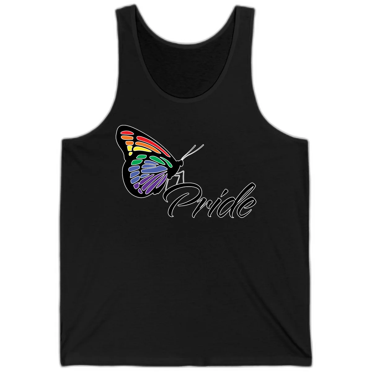 Pride butterfly illustration with rainbow-colored wings in red, orange, yellow, green, blue, and purple gradient with 'Pride' text in Black