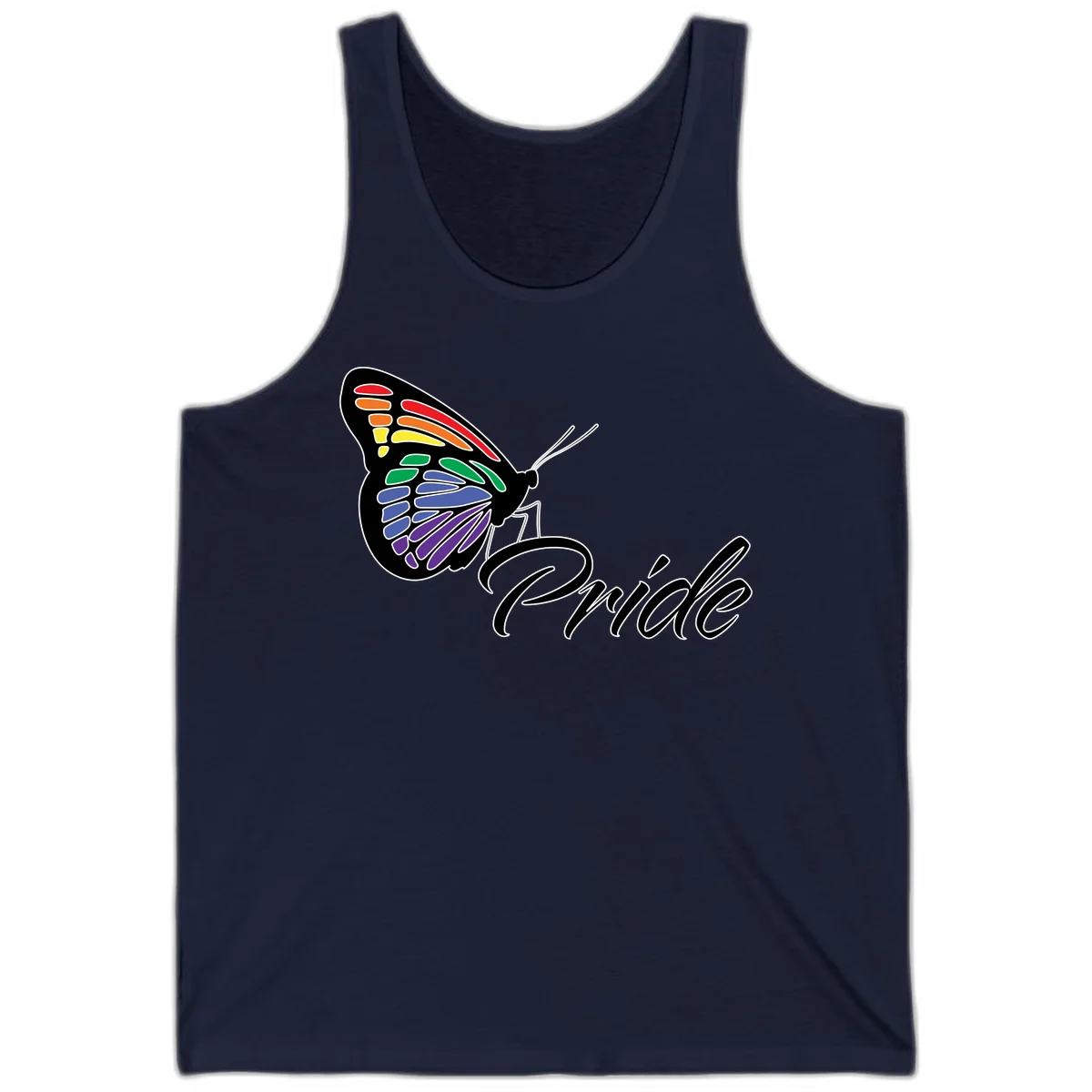Pride butterfly illustration with rainbow-colored wings in red, orange, yellow, green, blue, and purple gradient with 'Pride' text in Navy