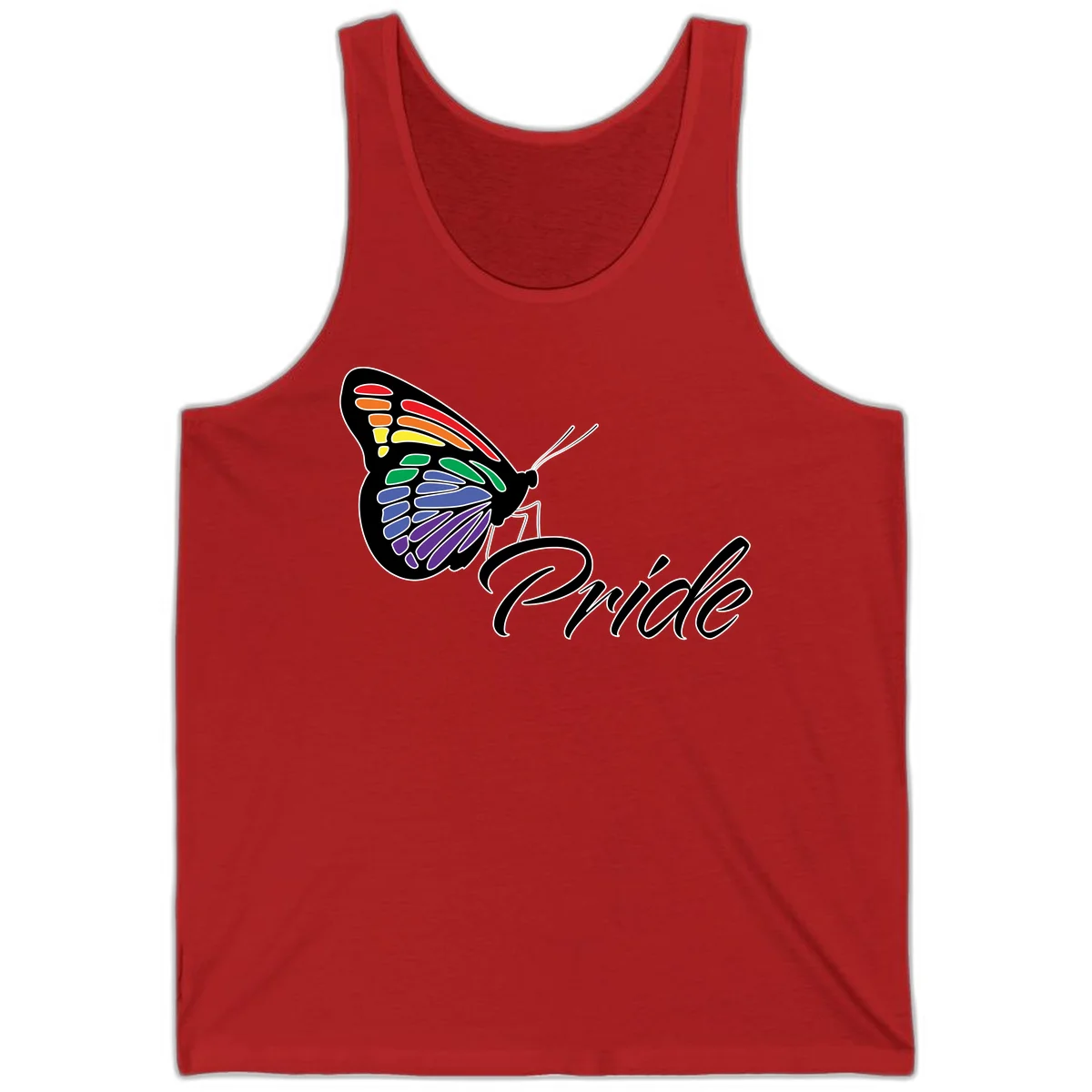 Pride butterfly illustration with rainbow-colored wings in red, orange, yellow, green, blue, and purple gradient with 'Pride' text in Red