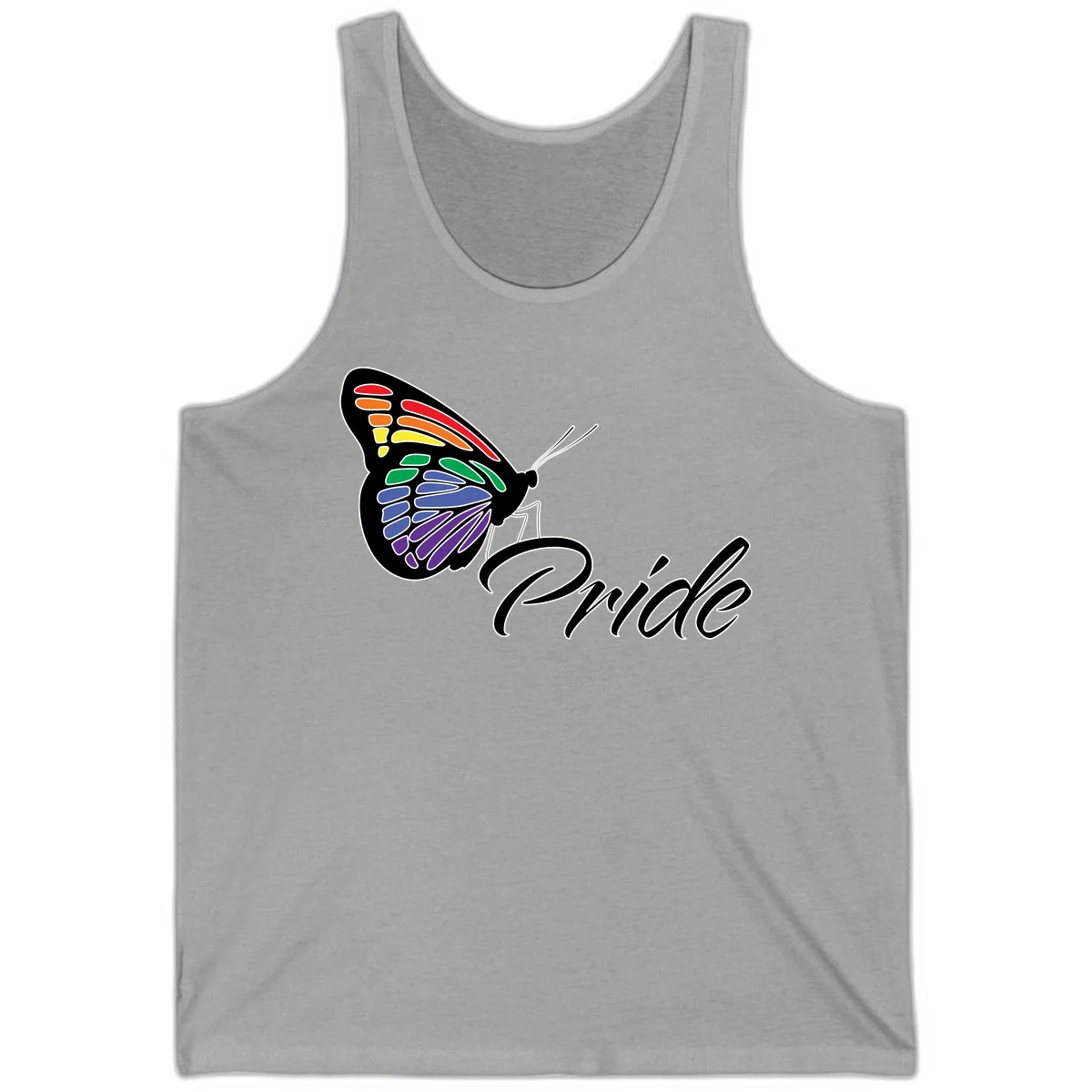 Pride butterfly illustration with rainbow-colored wings in red, orange, yellow, green, blue, and purple gradient with 'Pride' text in Athletic Heather
