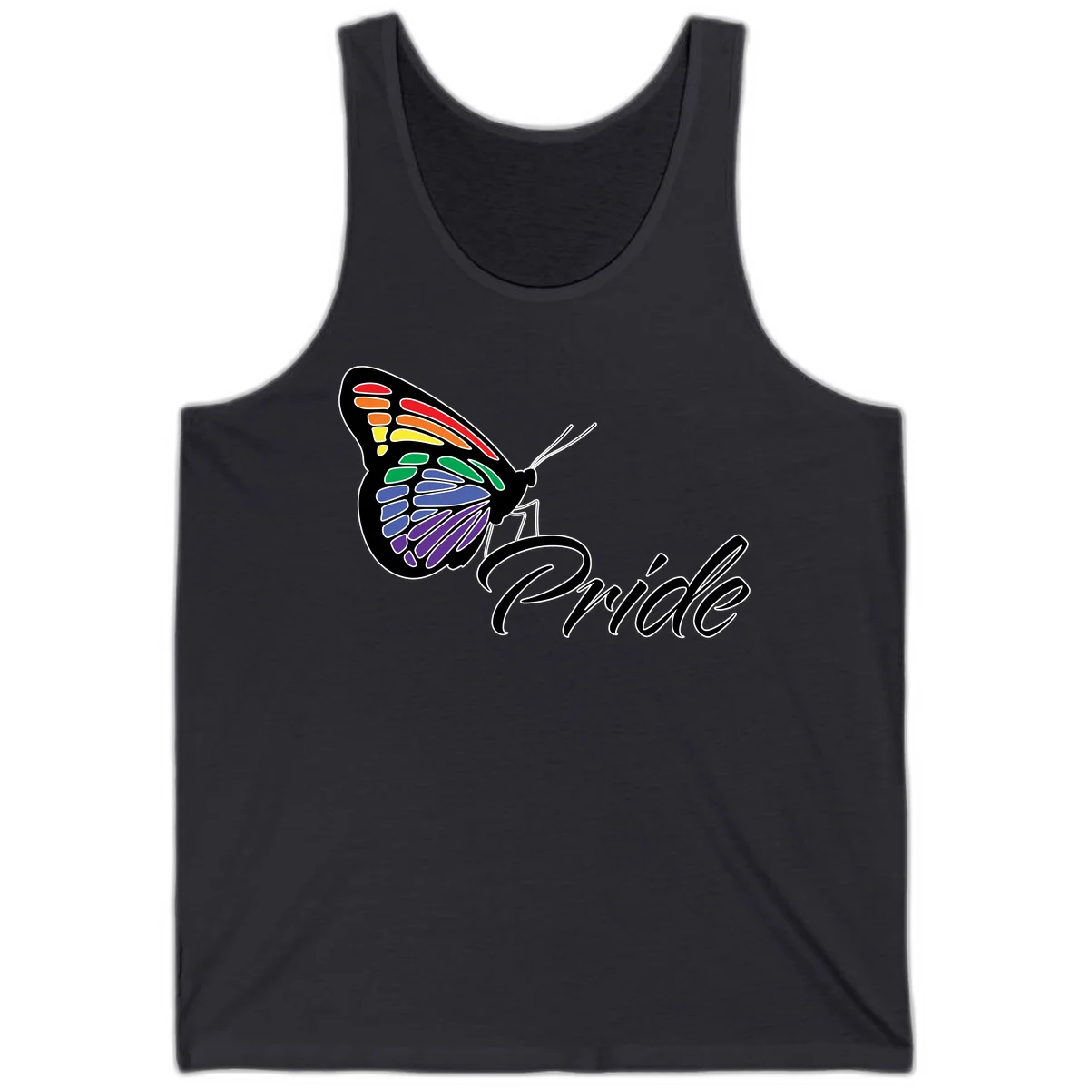 Pride butterfly illustration with rainbow-colored wings in red, orange, yellow, green, blue, and purple gradient with 'Pride' text in Dark Grey