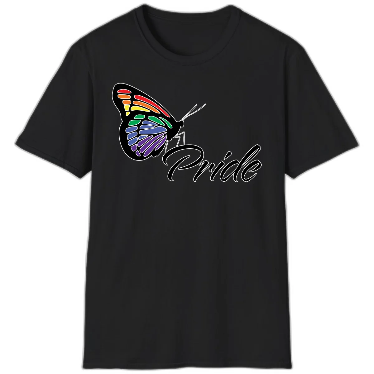Pride butterfly illustration with rainbow-colored wings in red, orange, yellow, green, blue, and purple gradient with 'Pride' text in Black