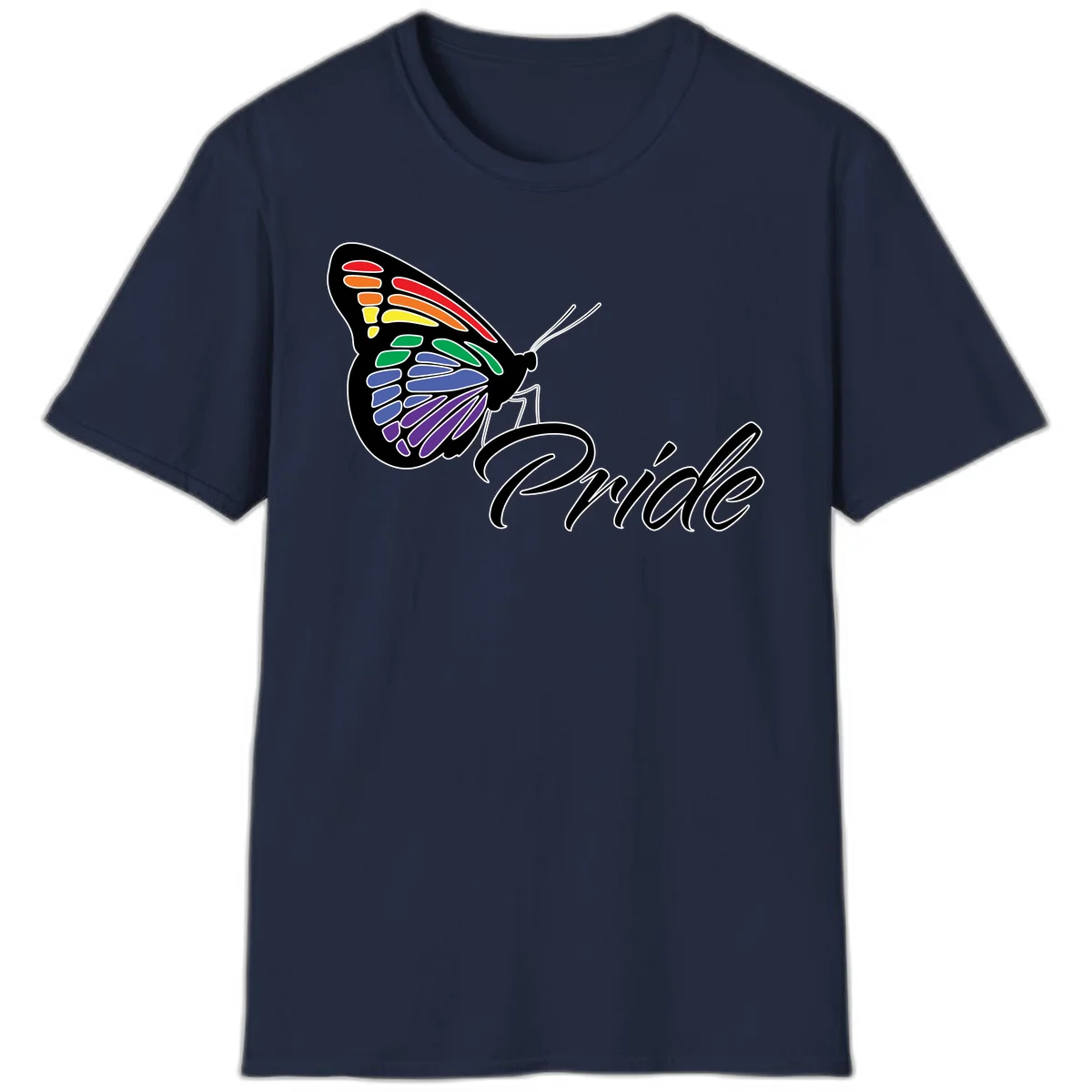 Pride butterfly illustration with rainbow-colored wings in red, orange, yellow, green, blue, and purple gradient with 'Pride' text in Navy