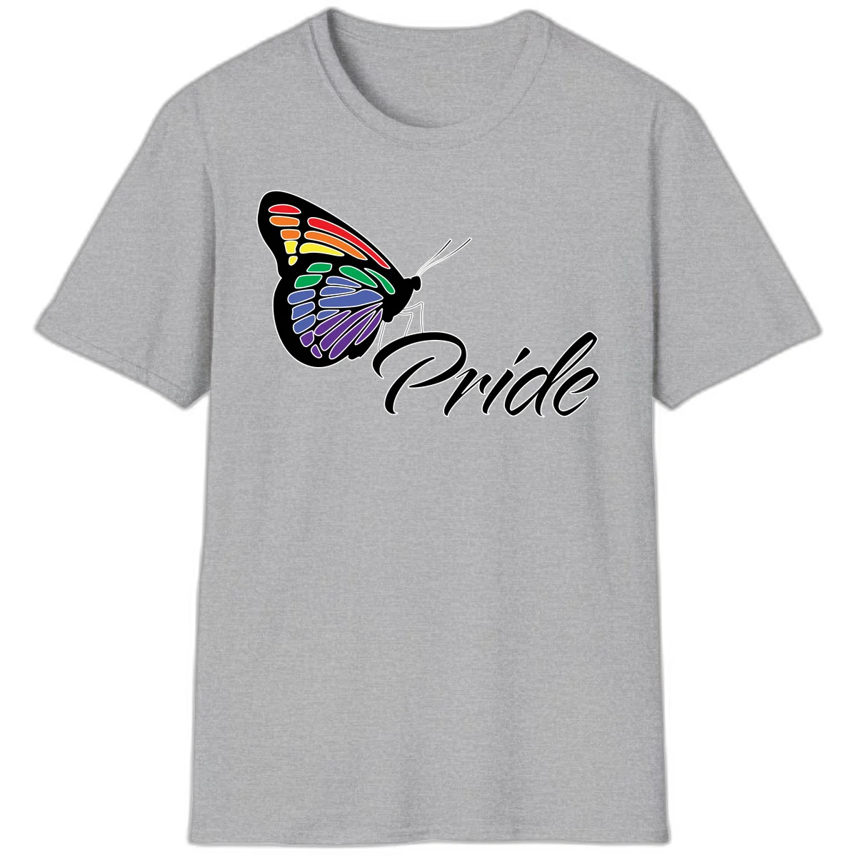 Pride butterfly illustration with rainbow-colored wings in red, orange, yellow, green, blue, and purple gradient with 'Pride' text in Sport Grey
