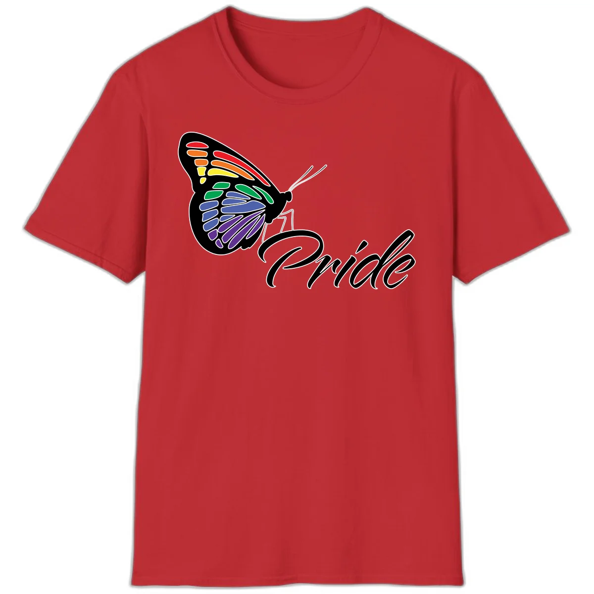Pride butterfly illustration with rainbow-colored wings in red, orange, yellow, green, blue, and purple gradient with 'Pride' text in Red