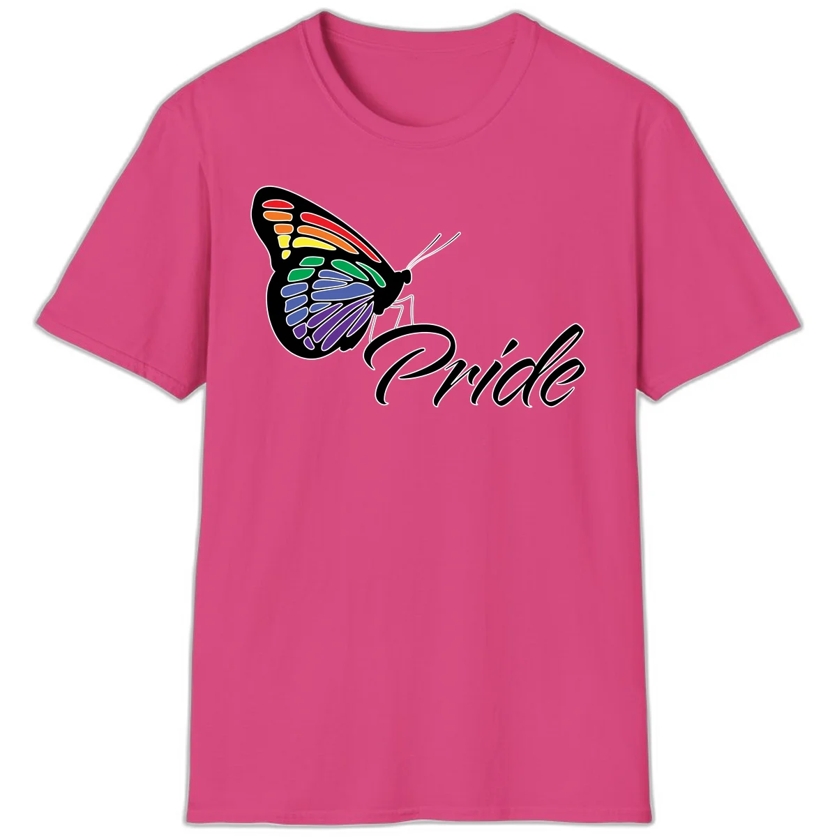 Pride butterfly illustration with rainbow-colored wings in red, orange, yellow, green, blue, and purple gradient with 'Pride' text in Heliconia