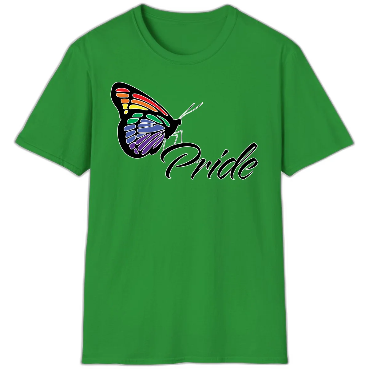 Pride butterfly illustration with rainbow-colored wings in red, orange, yellow, green, blue, and purple gradient with 'Pride' text in Irish Green