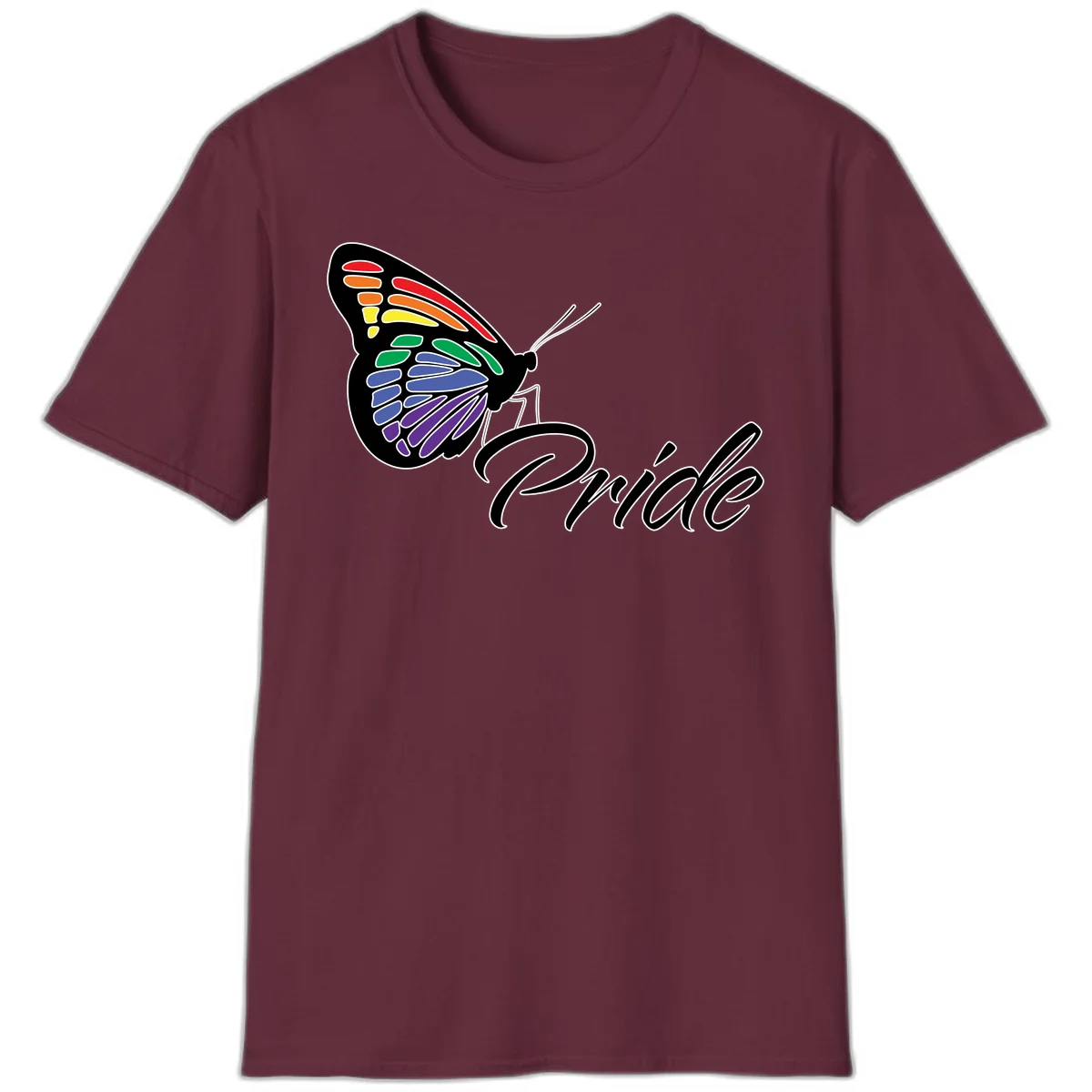 Pride butterfly illustration with rainbow-colored wings in red, orange, yellow, green, blue, and purple gradient with 'Pride' text in Maroon