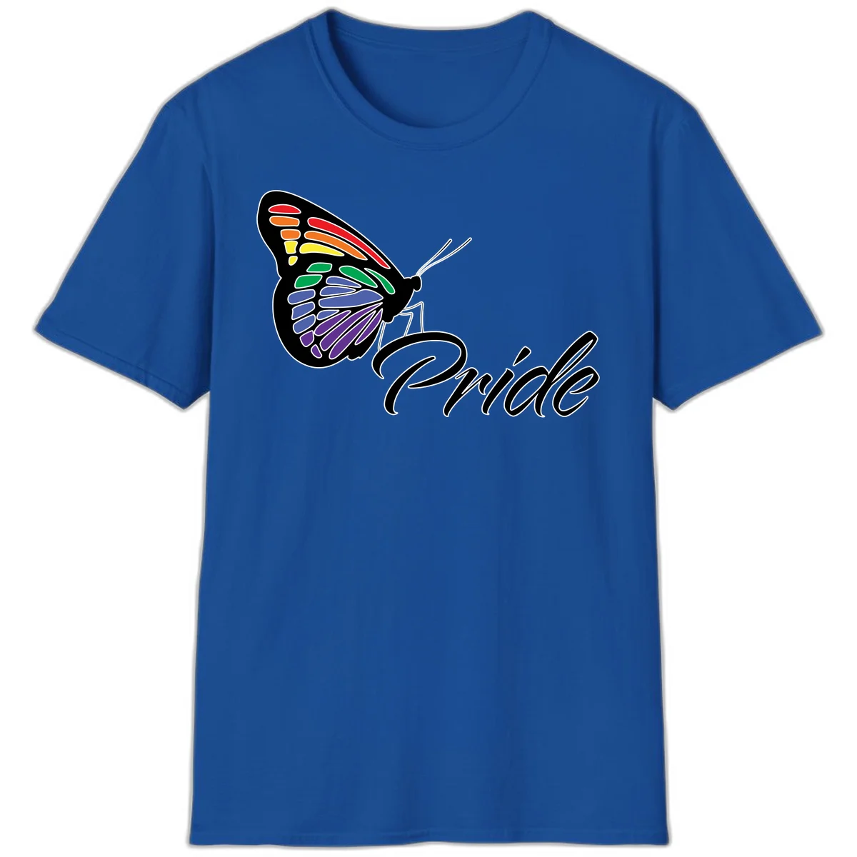 Pride butterfly illustration with rainbow-colored wings in red, orange, yellow, green, blue, and purple gradient with 'Pride' text in Royal