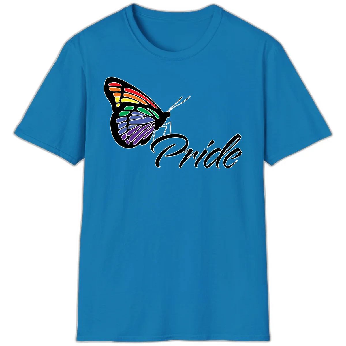 Pride butterfly illustration with rainbow-colored wings in red, orange, yellow, green, blue, and purple gradient with 'Pride' text in Sapphire