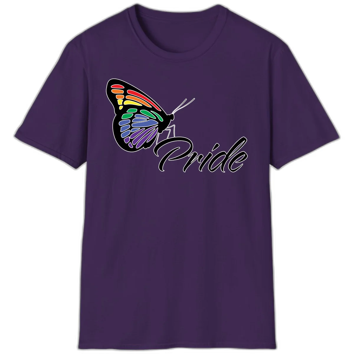 Pride butterfly illustration with rainbow-colored wings in red, orange, yellow, green, blue, and purple gradient with 'Pride' text in Purple