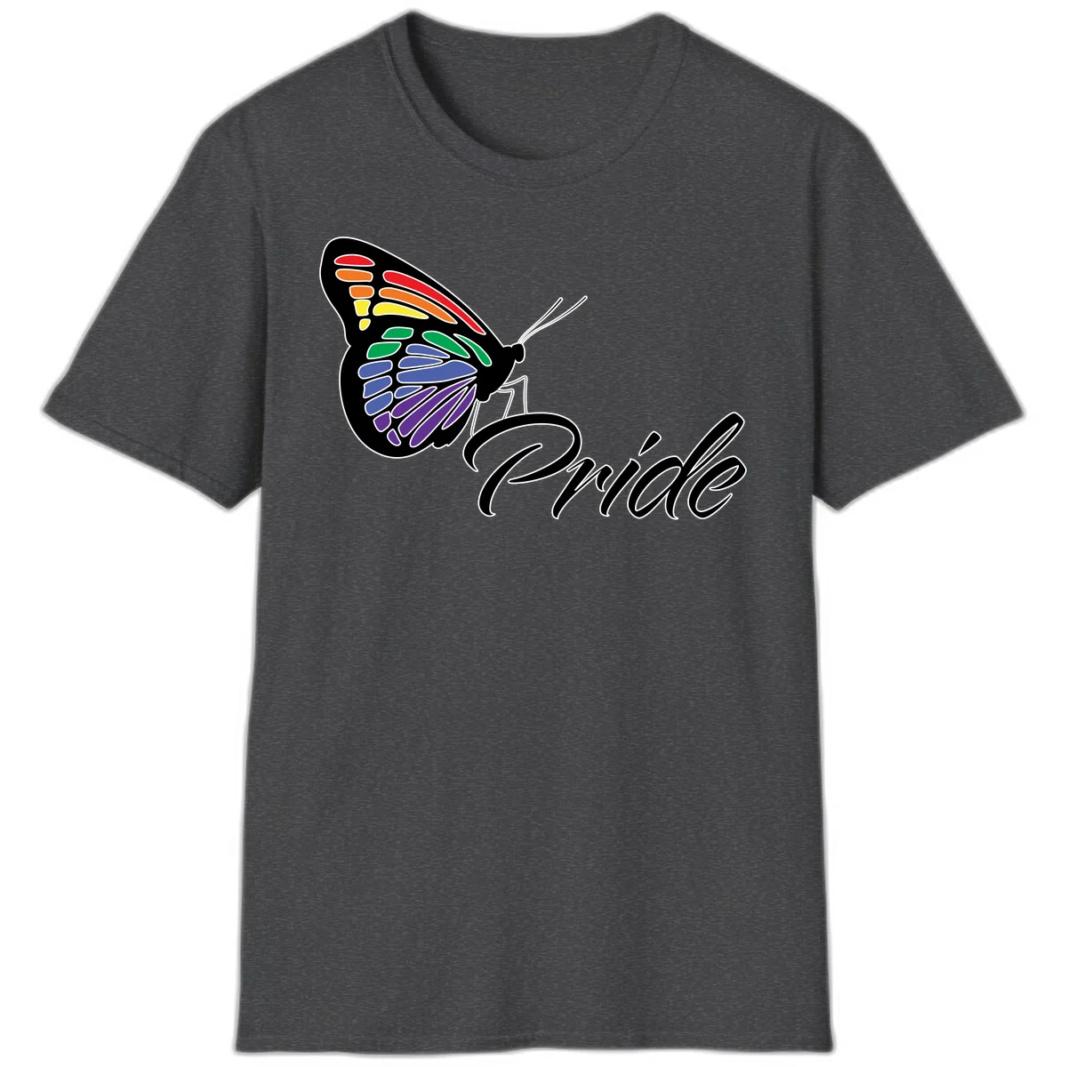 Pride butterfly illustration with rainbow-colored wings in red, orange, yellow, green, blue, and purple gradient with 'Pride' text in Dark Heather