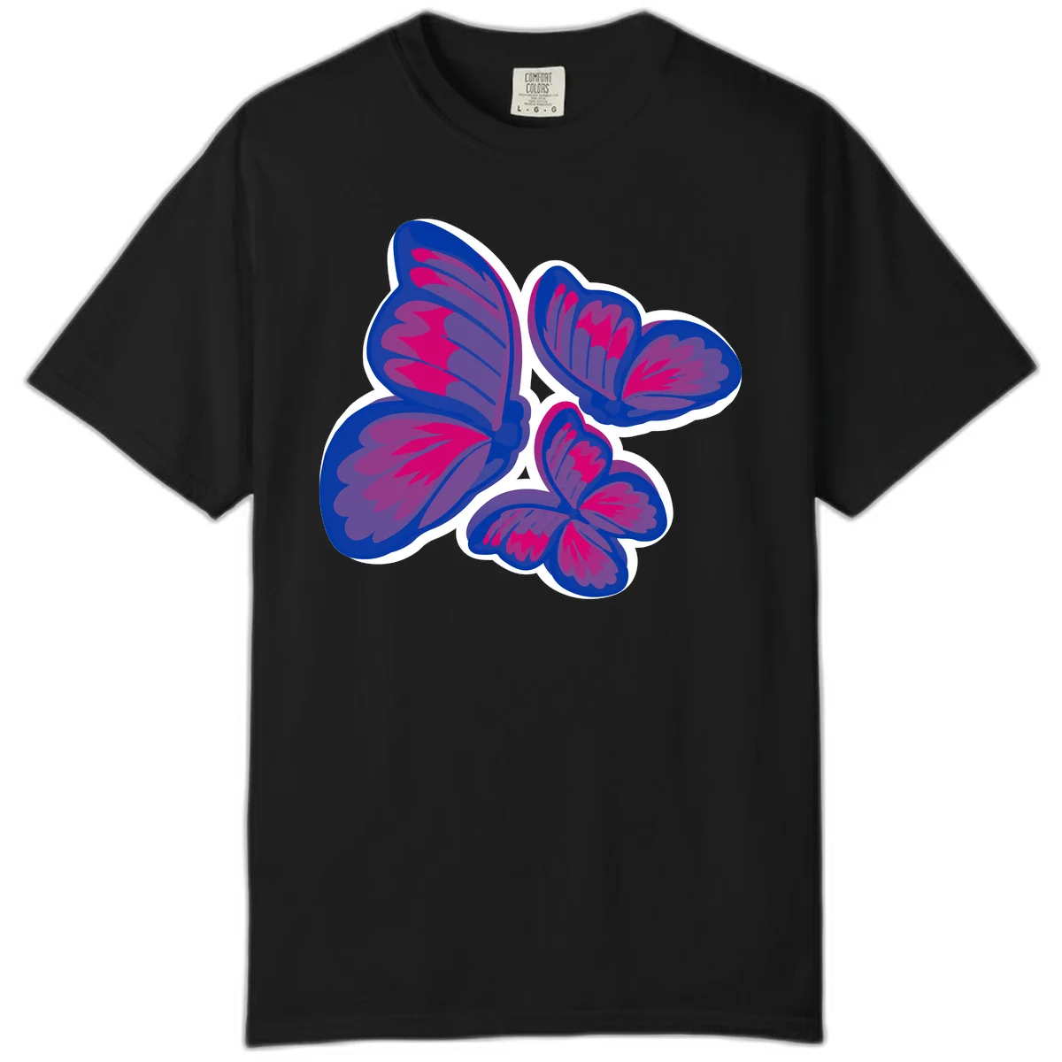 Colorful butterfly sticker design featuring four blue and magenta butterflies with layered wings and gradient shading on gray background in Black