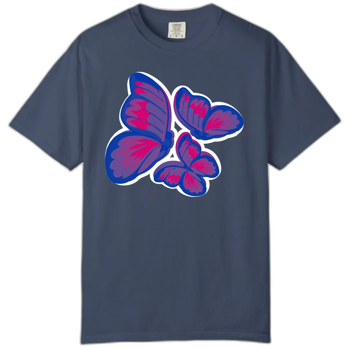 Colorful butterfly sticker design featuring four blue and magenta butterflies with layered wings and gradient shading on gray background in Midnight