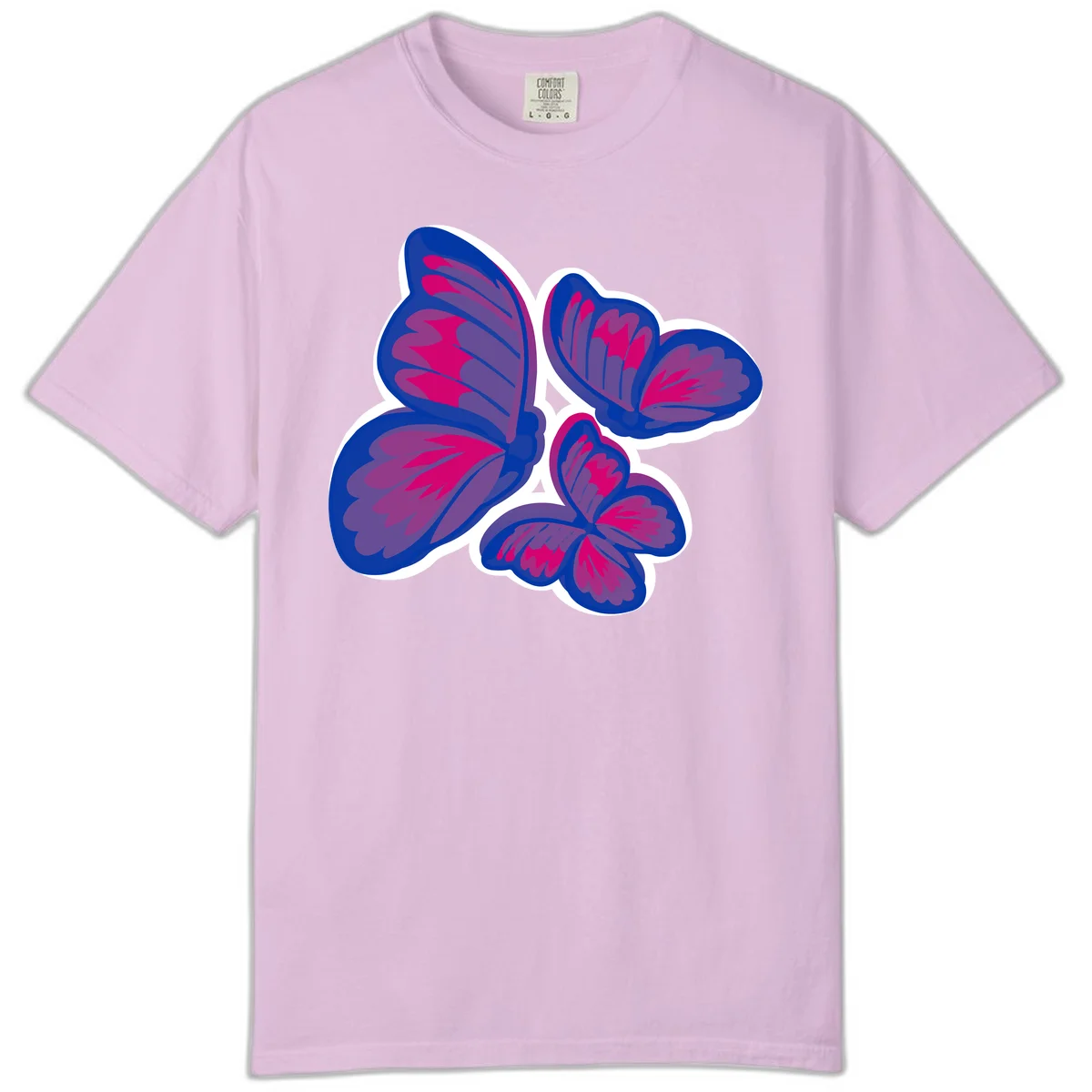 Colorful butterfly sticker design featuring four blue and magenta butterflies with layered wings and gradient shading on gray background in Orchid