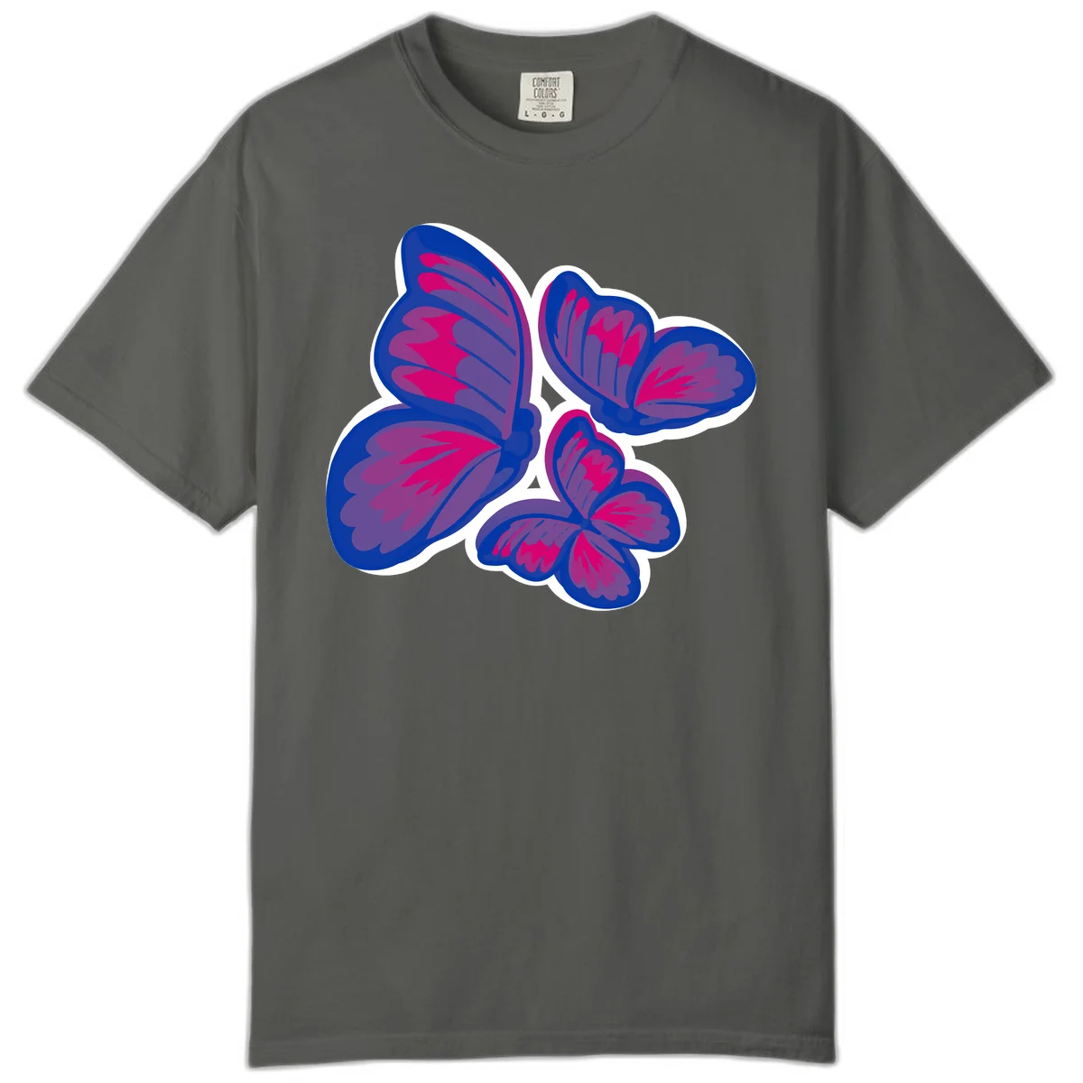 Colorful butterfly sticker design featuring four blue and magenta butterflies with layered wings and gradient shading on gray background in Pepper