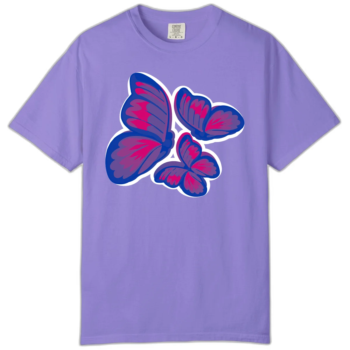 Colorful butterfly sticker design featuring four blue and magenta butterflies with layered wings and gradient shading on gray background in Violet