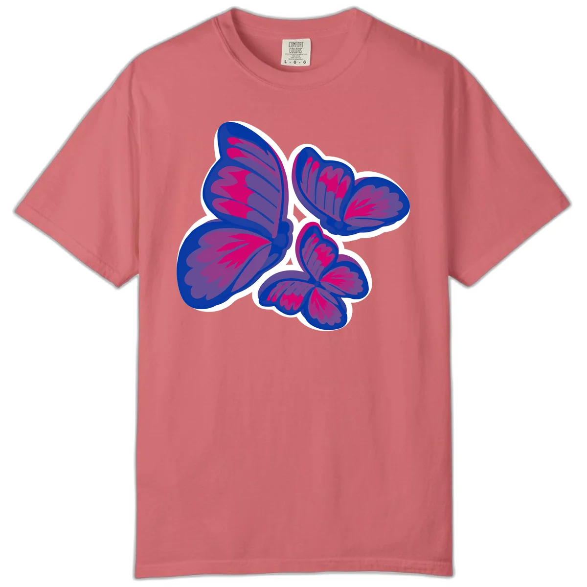 Colorful butterfly sticker design featuring four blue and magenta butterflies with layered wings and gradient shading on gray background in Watermelon