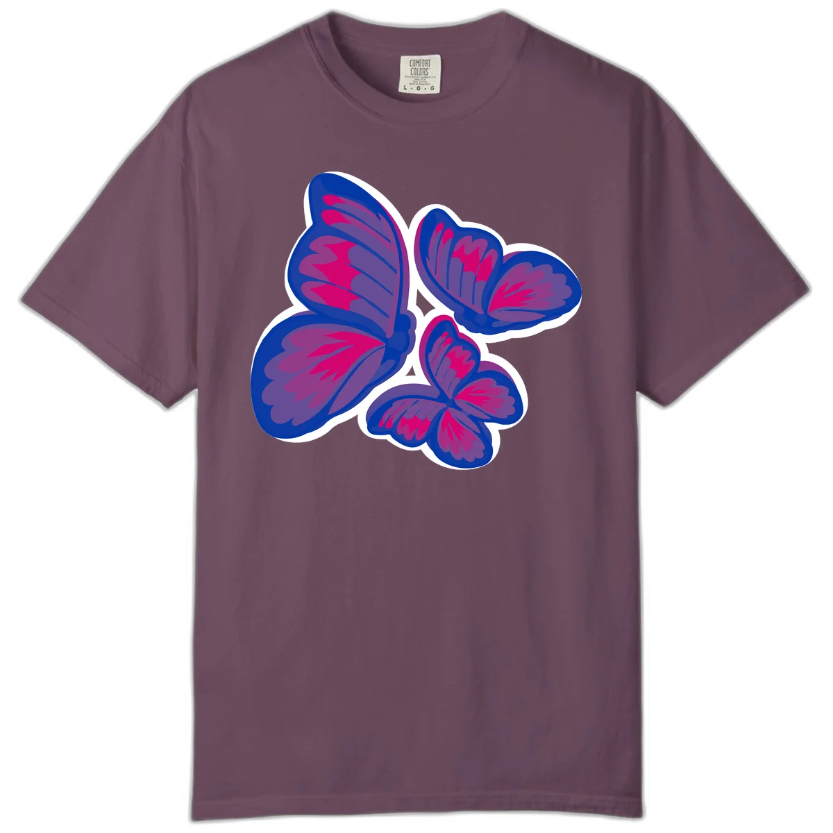 Colorful butterfly sticker design featuring four blue and magenta butterflies with layered wings and gradient shading on gray background in Berry